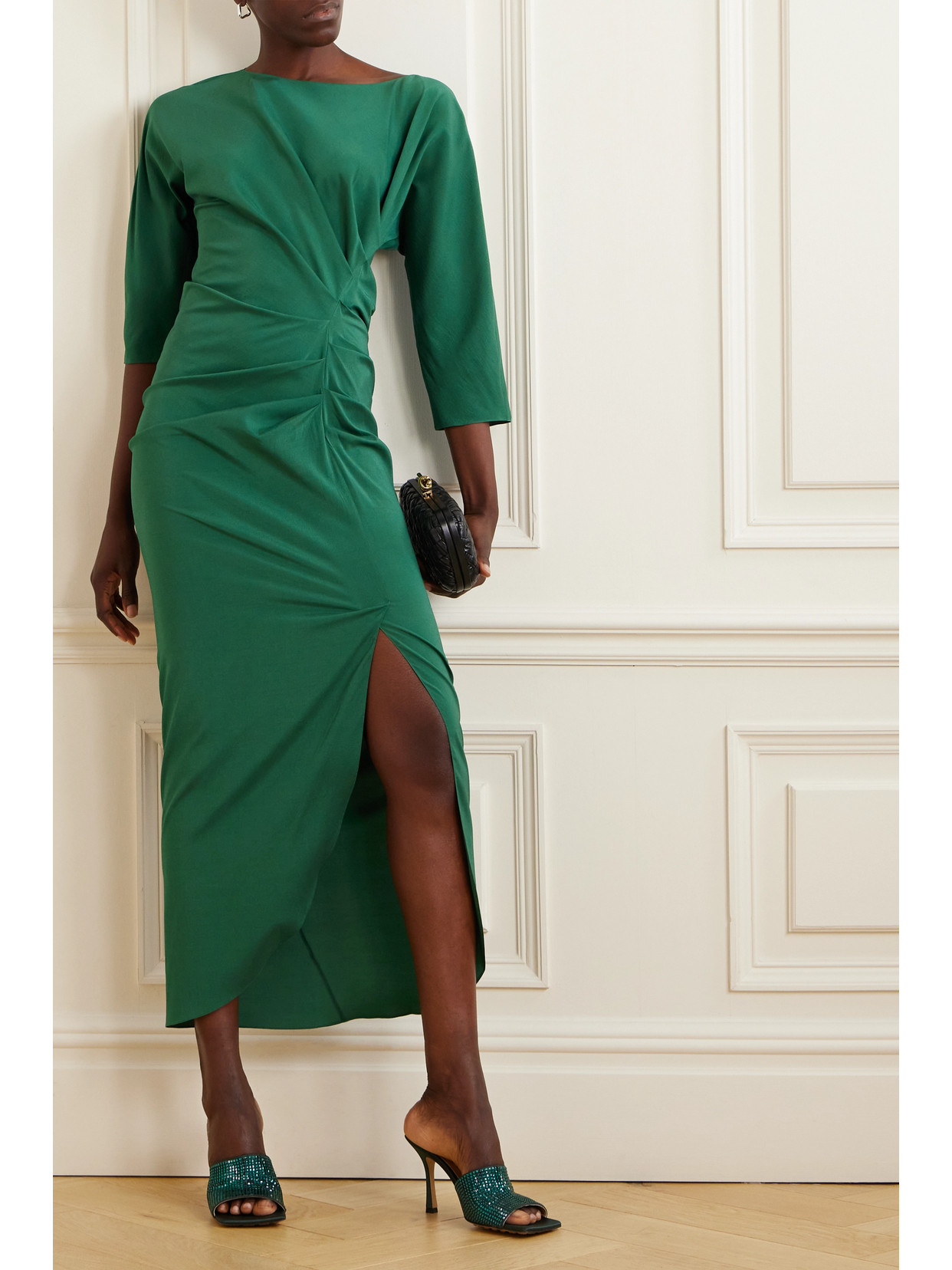 Shop Cortana + Net Sustain Fedora Draped Silk-blend Maxi Dress In Green