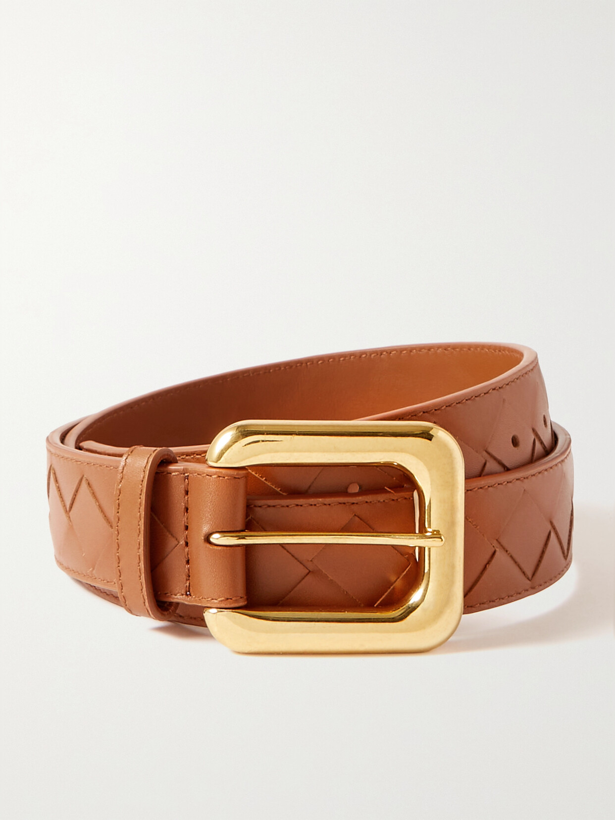 Bottega Veneta Intrecciato Leather Belt In Wood/m Brass