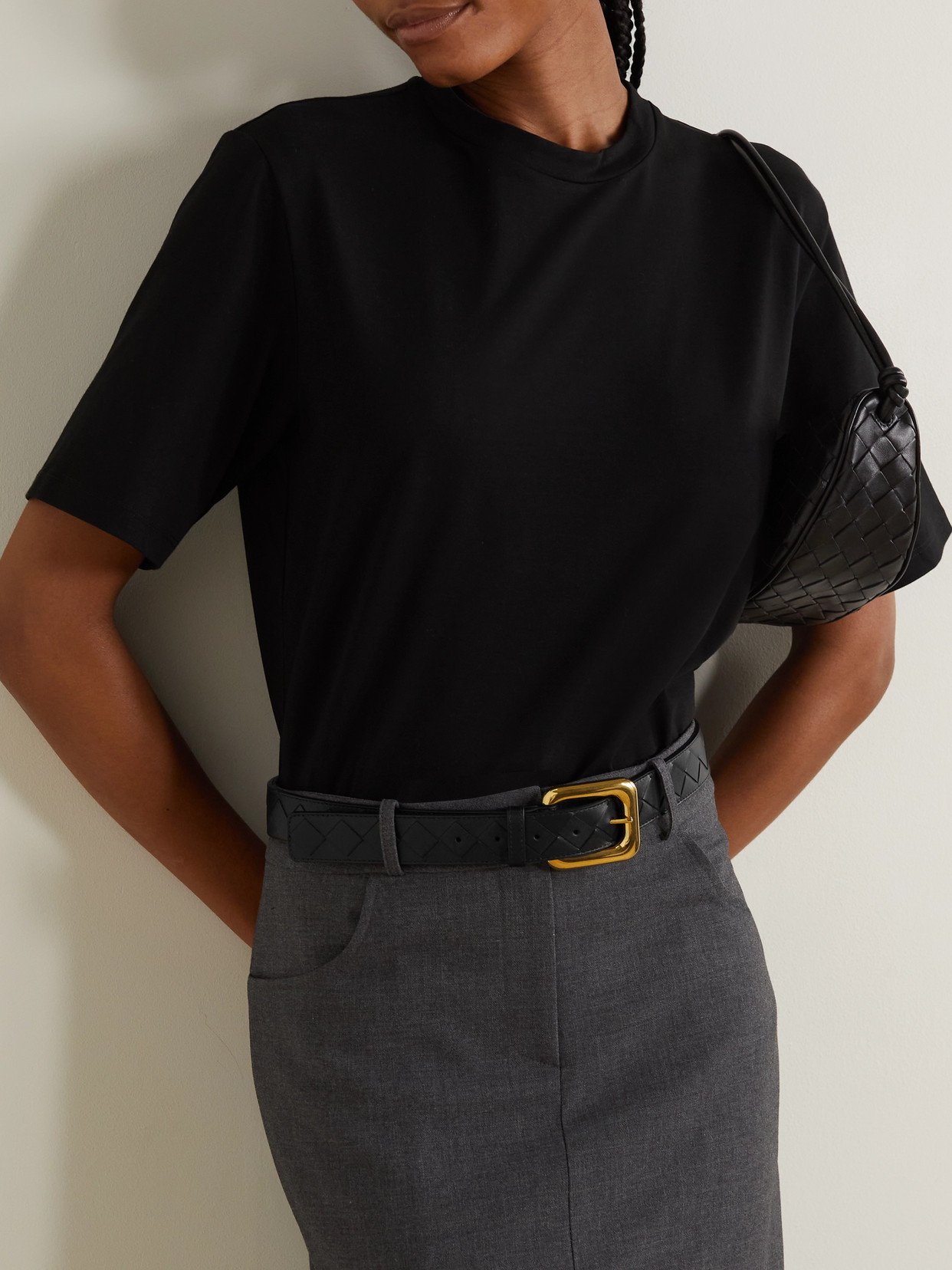 Bottega Veneta Intrecciato Leather Waist Belt In Black