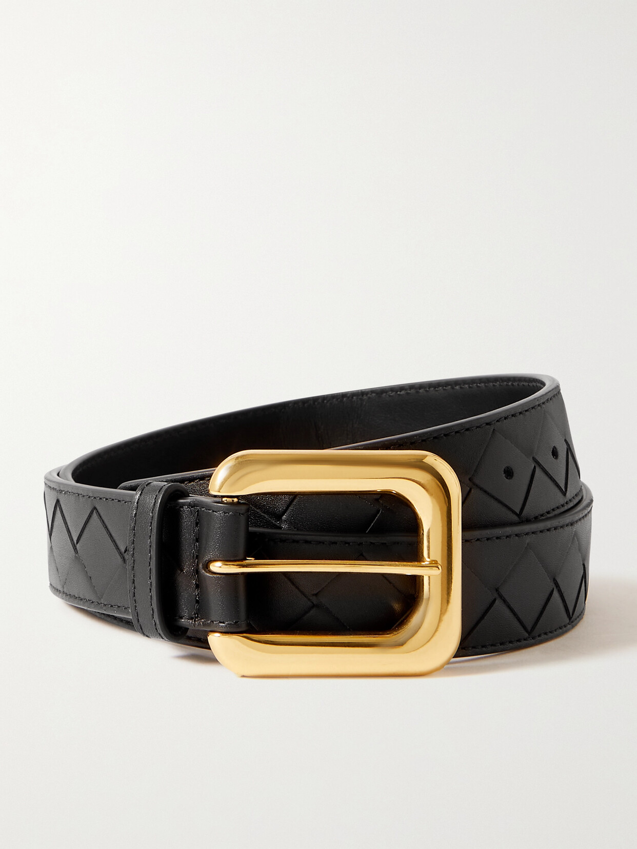 Bottega Veneta Intrecciato Leather Waist Belt In Black_m_brass