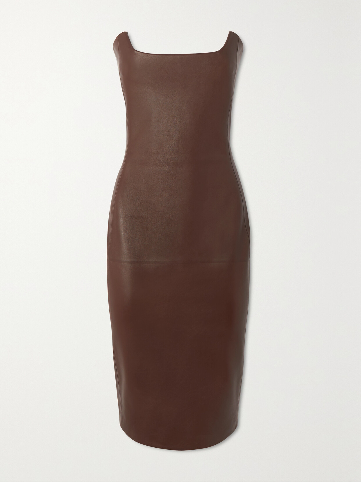 Bottega Veneta Strapless Paneled Leather Midi Dress In Brown