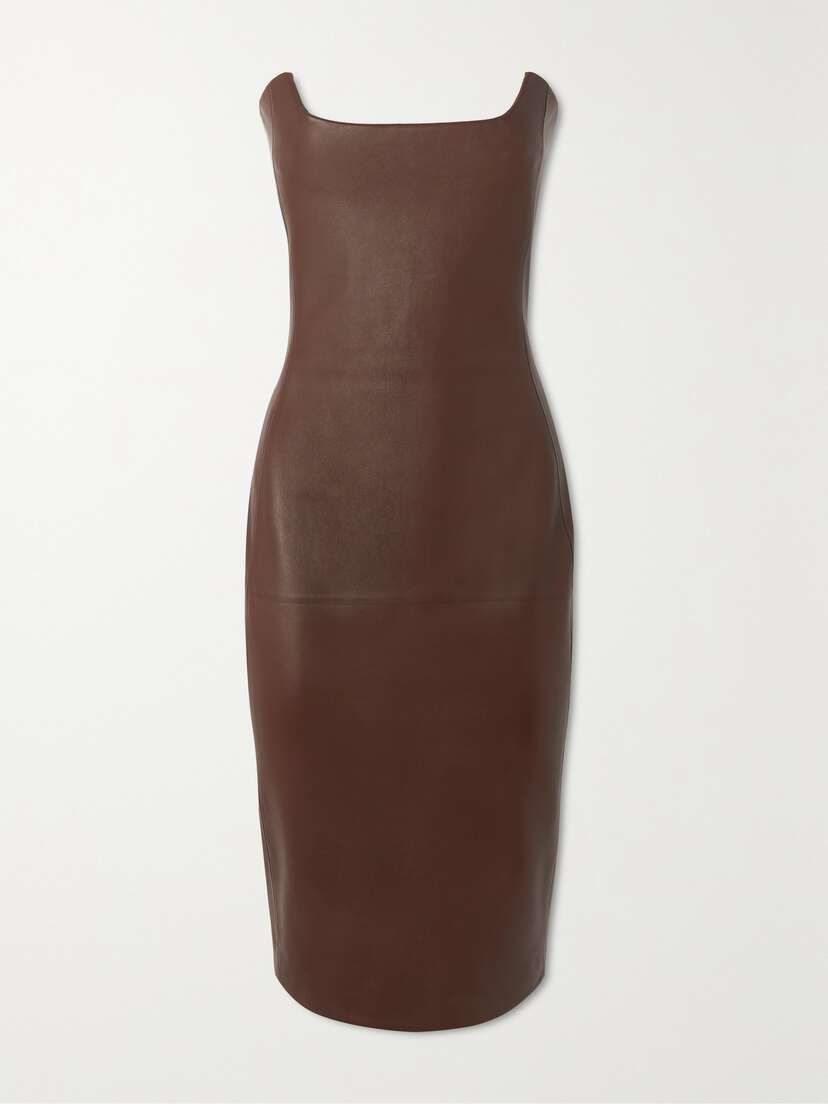 Bottega Veneta Strapless Paneled Leather Midi Dress