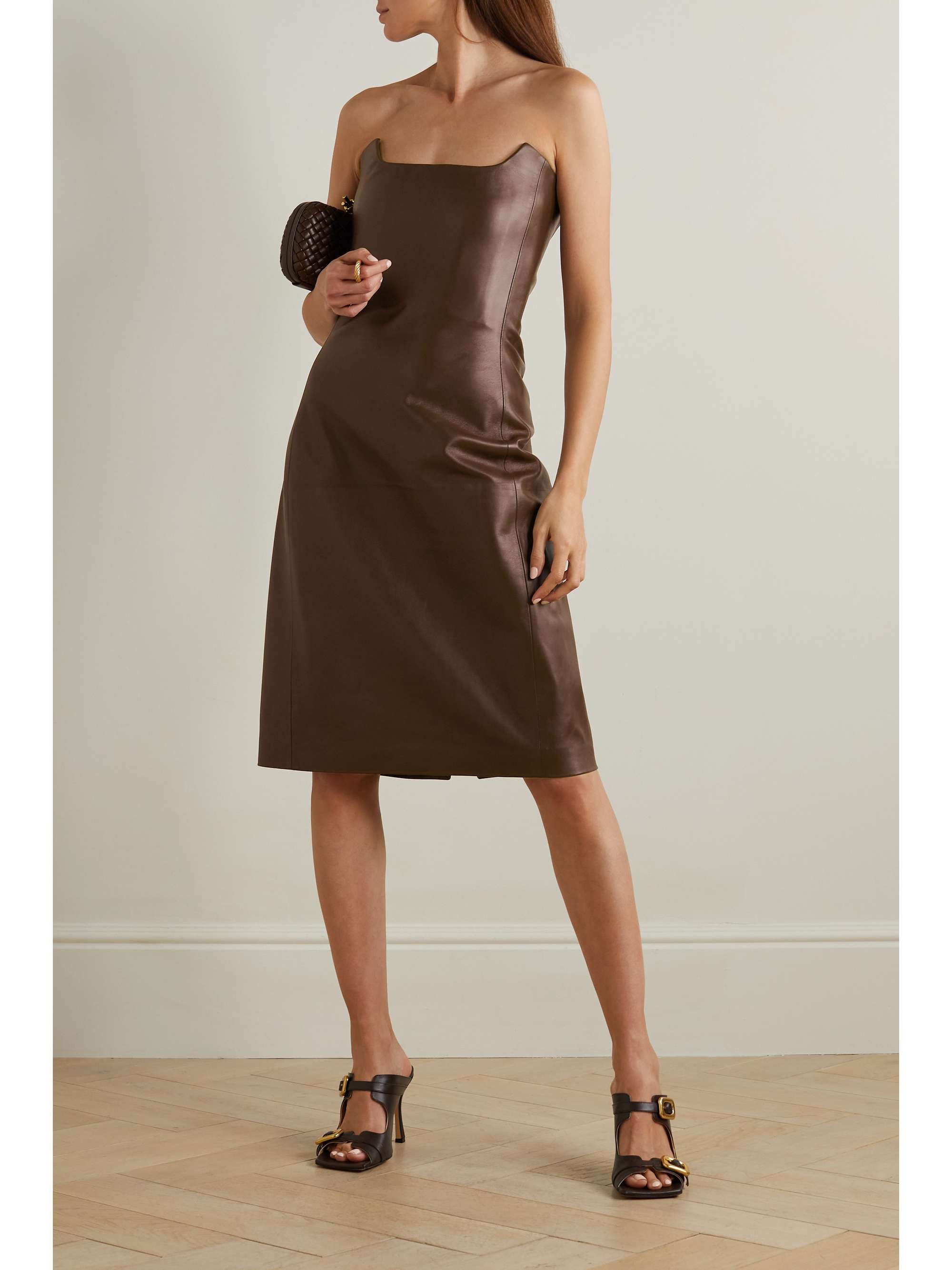 BOTTEGA VENETA Strapless paneled leather midi dress