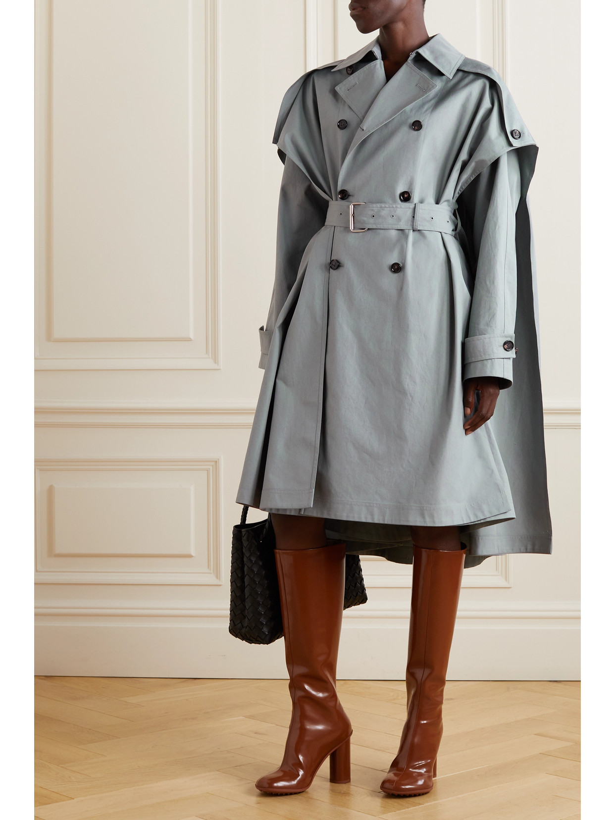 Bottega Veneta Cotton Canvas Cape Trench Coat In Gray