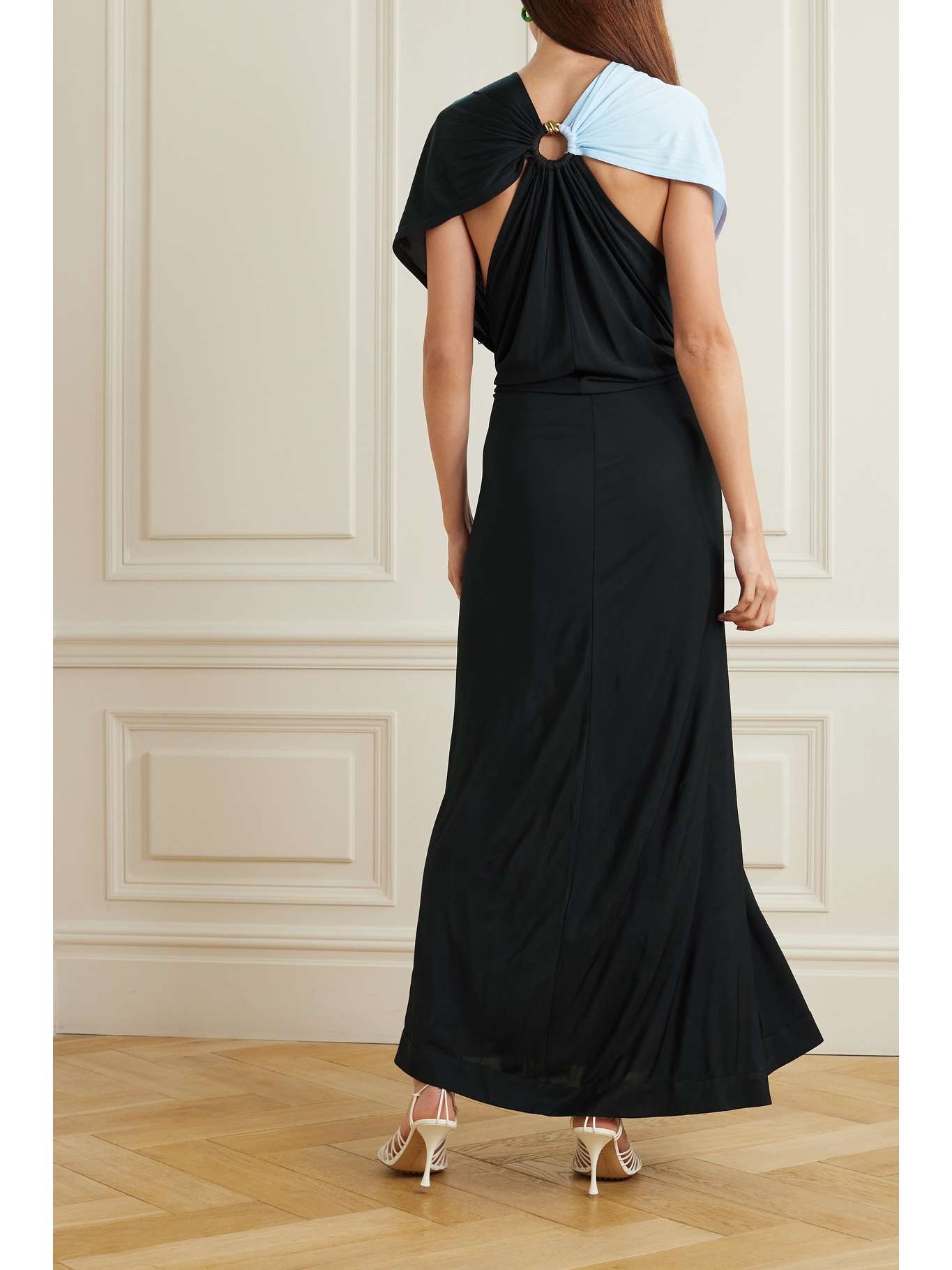 BOTTEGA VENETA Embellished twist-front draped two-tone jersey gown ...