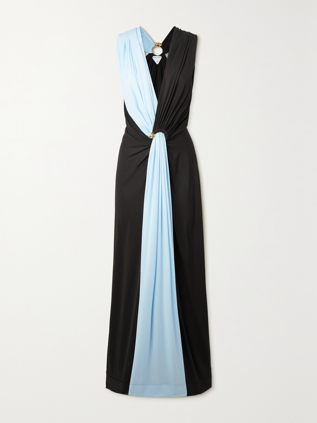 Shop Bottega Veneta Embellished Twist-front Draped Two-tone Jersey Gown In Black