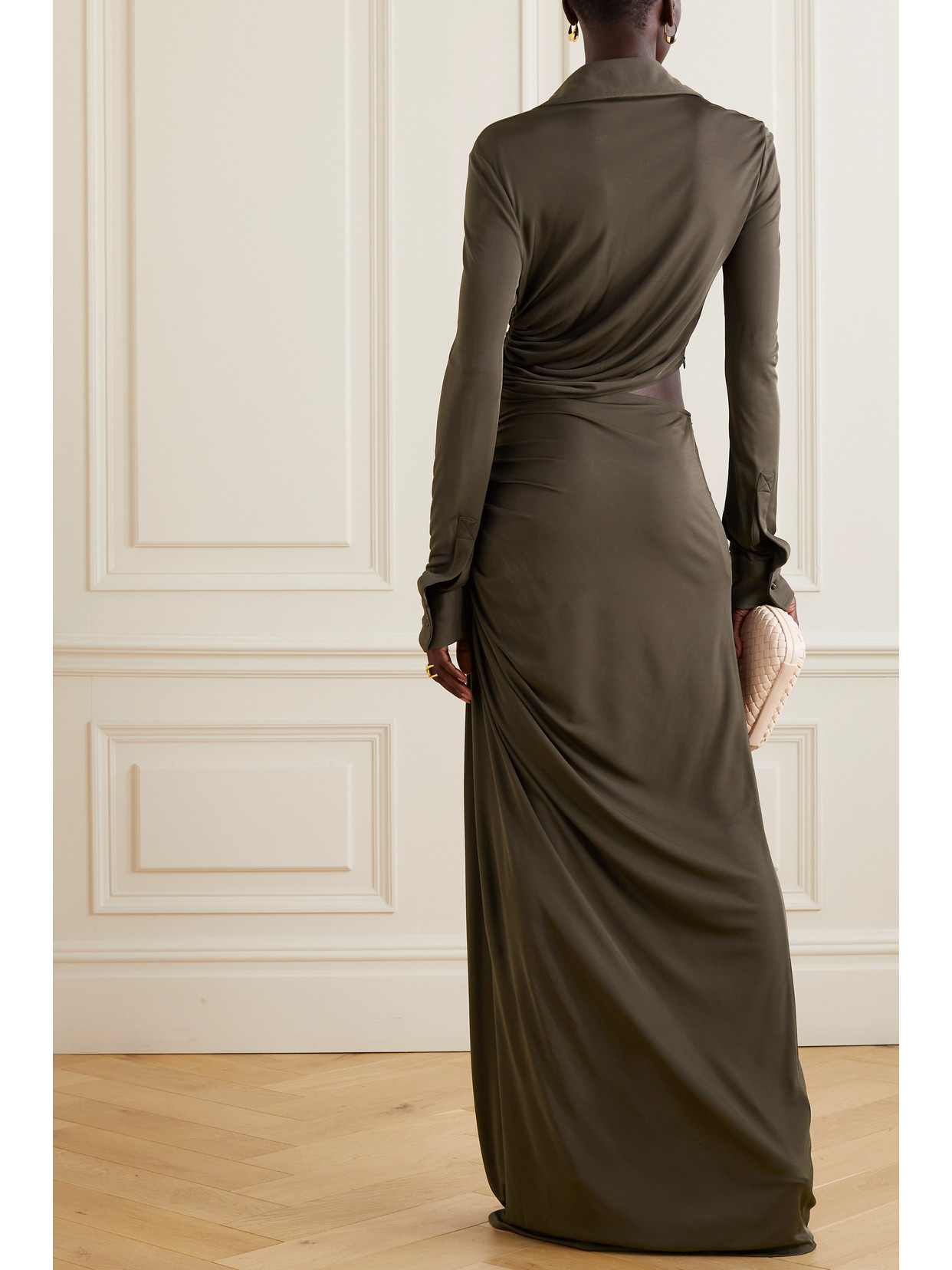 Shop Bottega Veneta Embellished Cutout Ruched Stretch-jersey Maxi Dress In Green