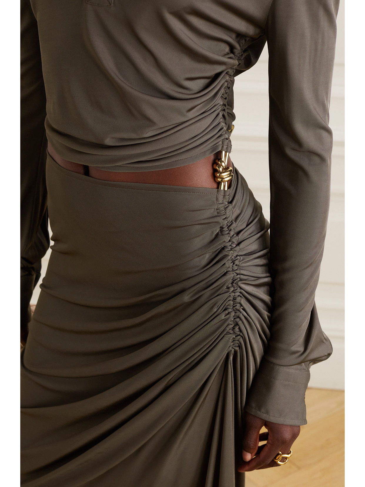 BOTTEGA VENETA EMBELLISHED CUTOUT RUCHED STRETCH-JERSEY MAXI DRESS