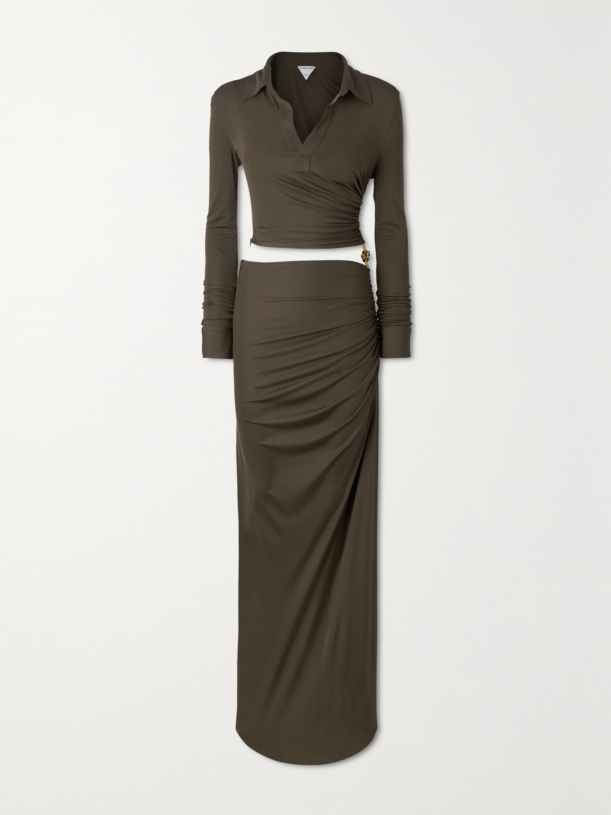 Shop Bottega Veneta Embellished Cutout Ruched Stretch-jersey Maxi Dress In Green