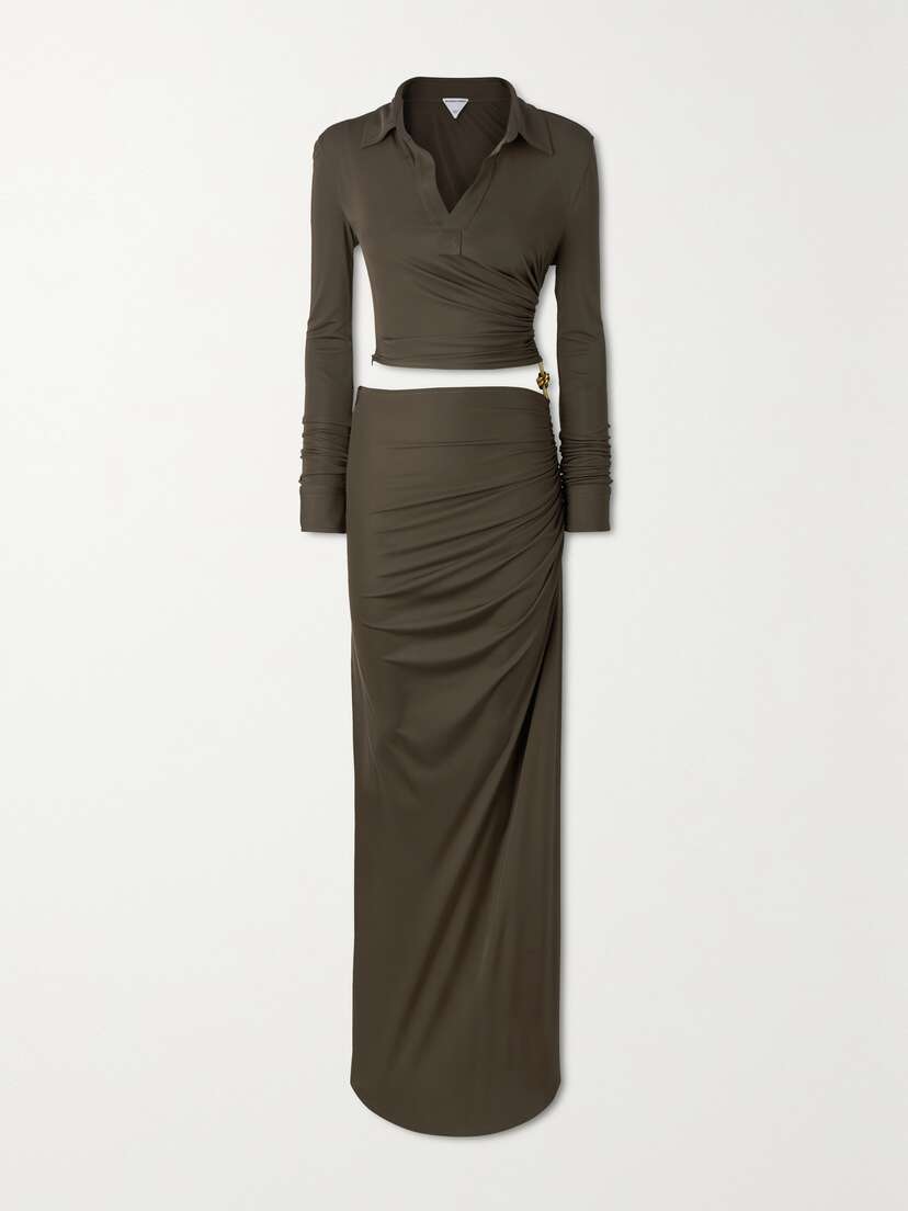 Bottega Veneta Embellished Cutout Ruched Stretch-jersey Maxi Dress