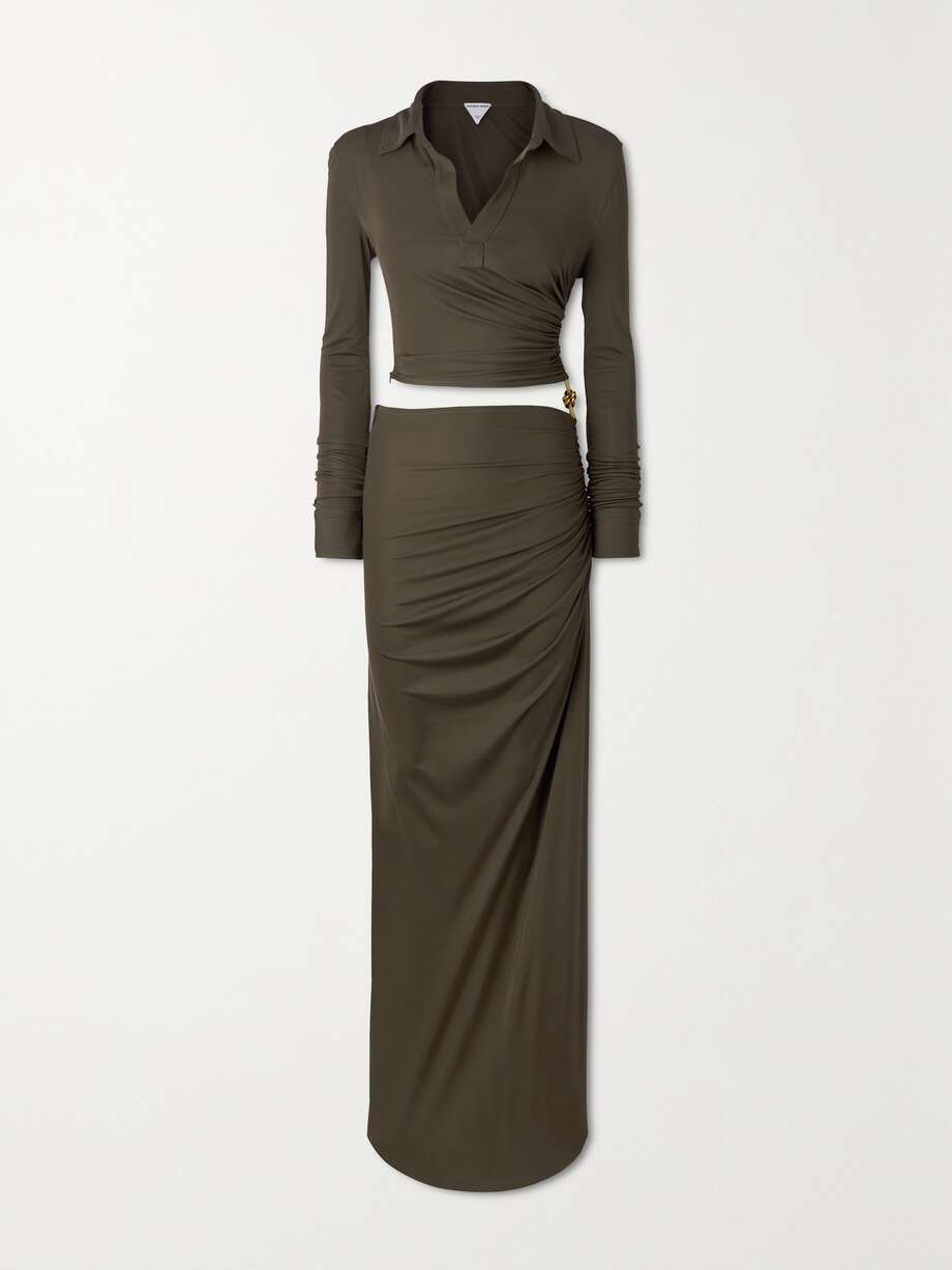embellished cutout ruched stretch-jersey maxi dress