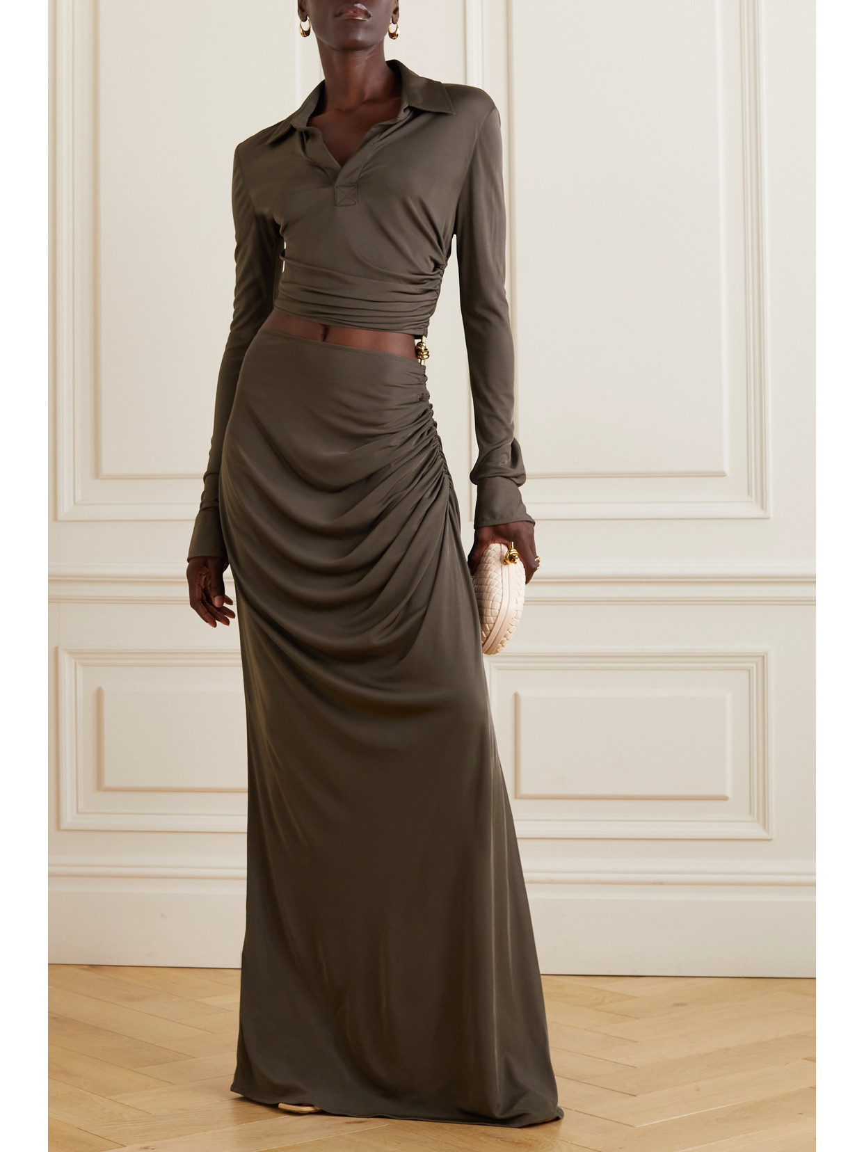 BOTTEGA VENETA EMBELLISHED CUTOUT RUCHED STRETCH-JERSEY MAXI DRESS