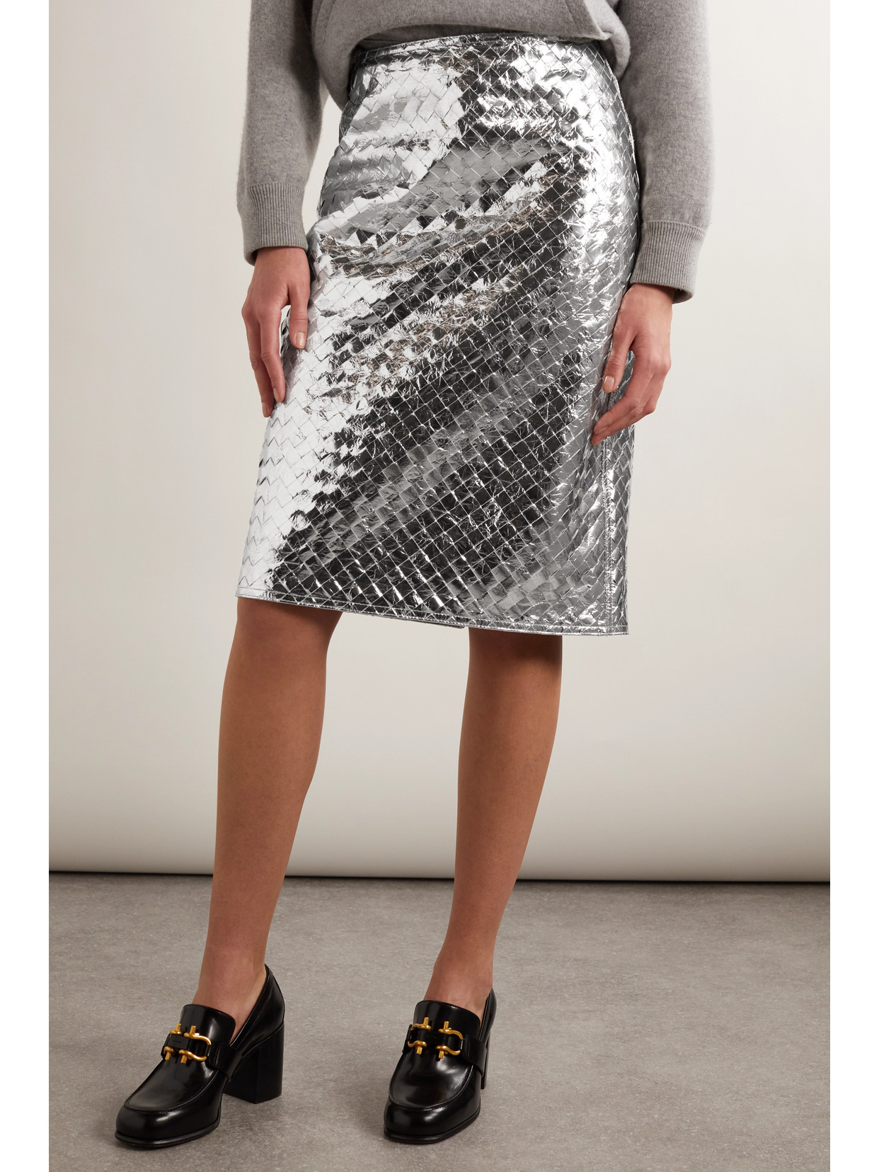 Intrecciato Metallic Crinkled-Leather Skirt