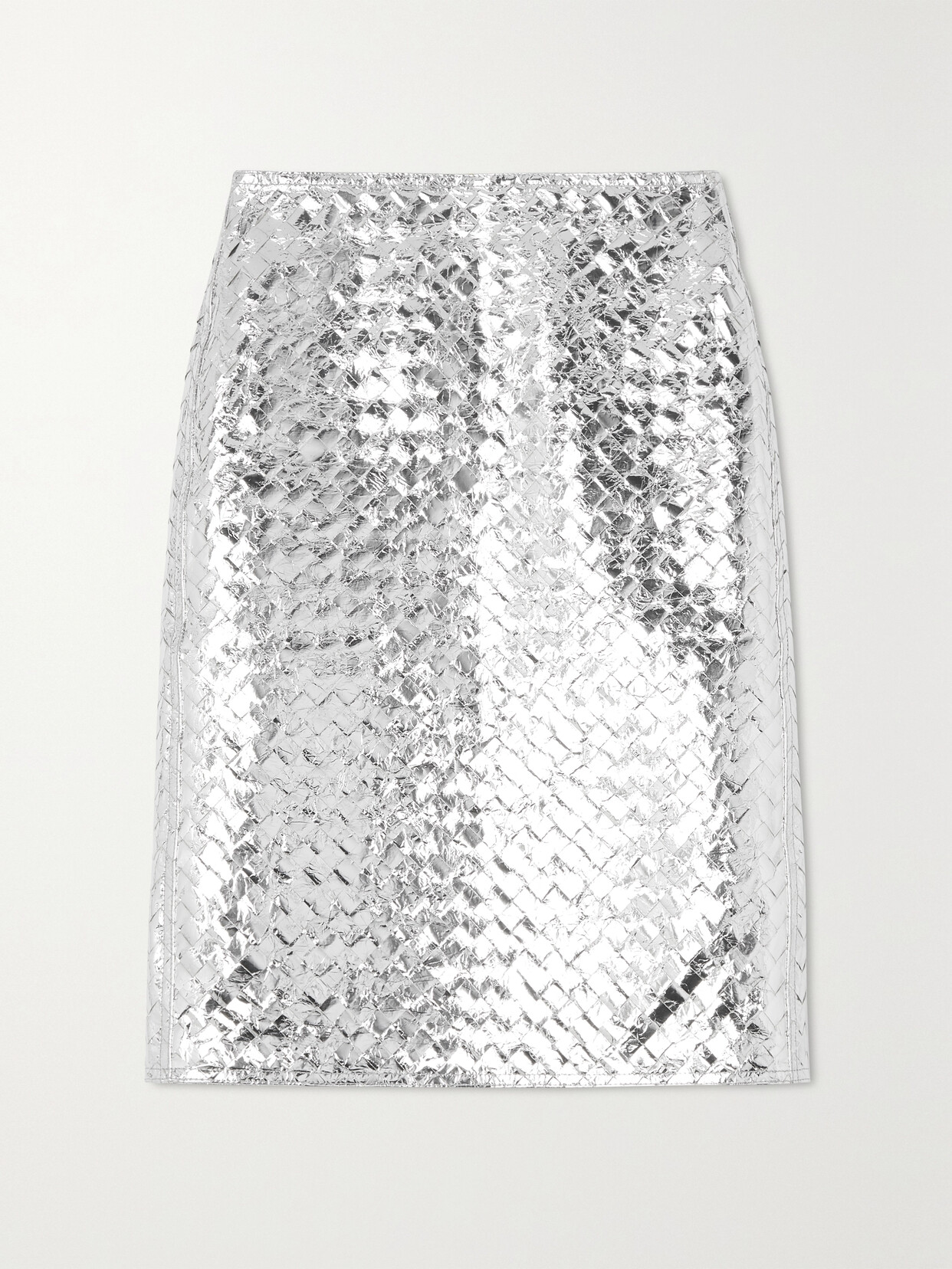 Shop Bottega Veneta Intrecciato Metallic Crinkled-leather Skirt In Silver