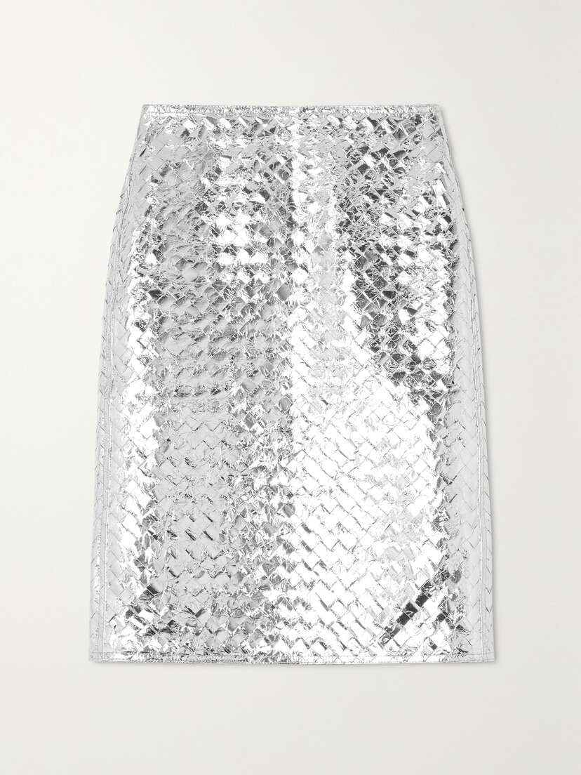 Bottega Veneta Intrecciato Metallic Crinkled-leather Skirt