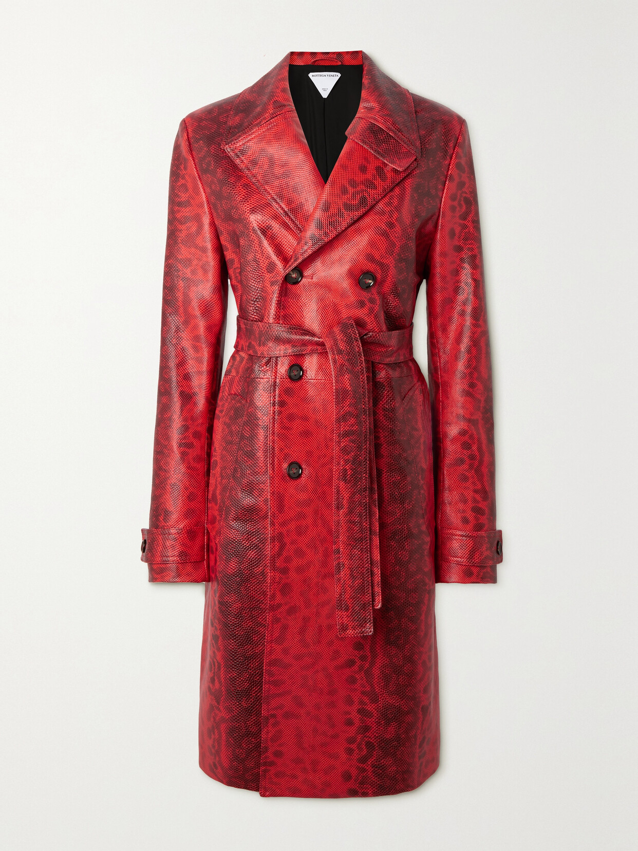 Bottega Veneta Double-breasted Belted Printed Snake-effect Leather Trench Coat In Red