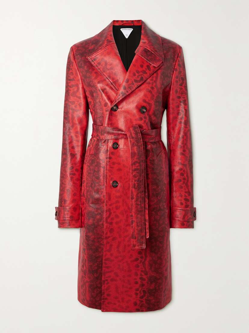 Bottega Veneta Double-breasted Belted Printed Snake-effect Leather Trench Coat