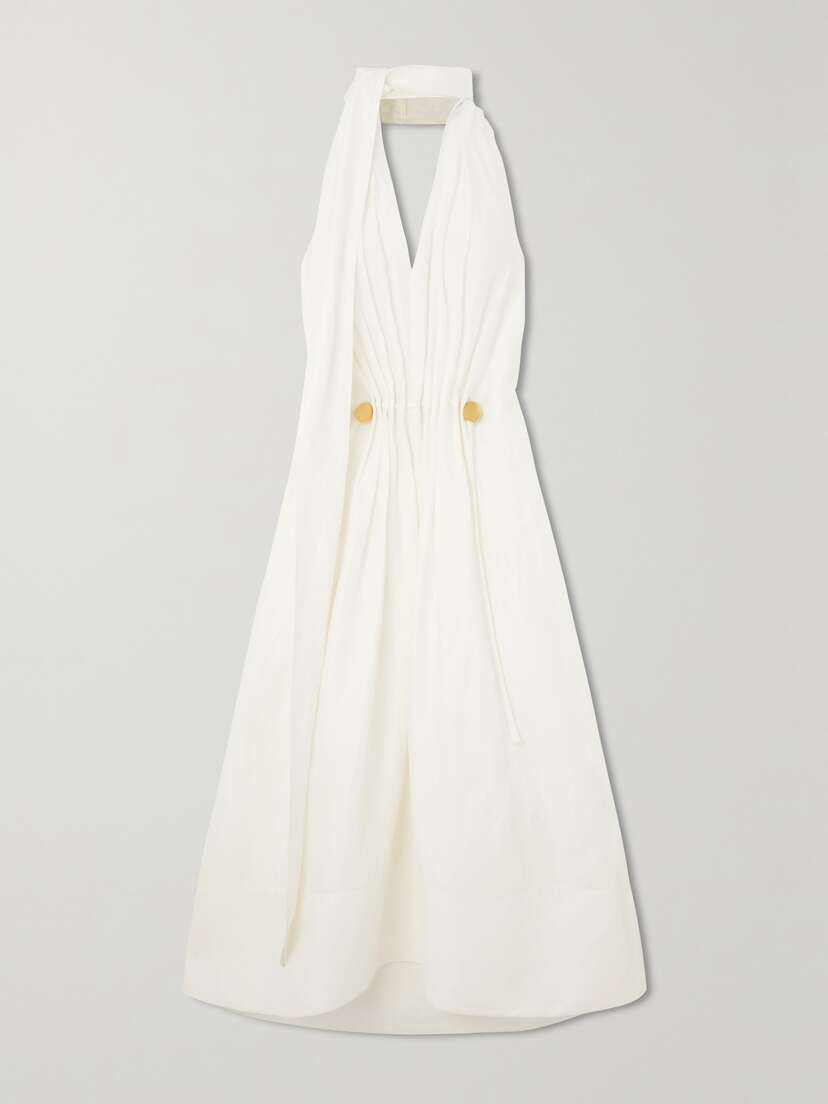 Bottega Veneta Embellished Tie-detailed Crinkled Woven Halterneck Midi Dress