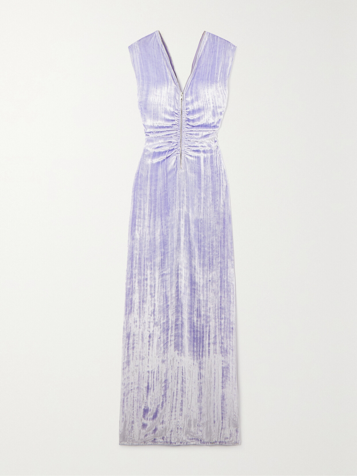 Bottega Veneta Ruched Zip-up Velvet Maxi Dress In Purple