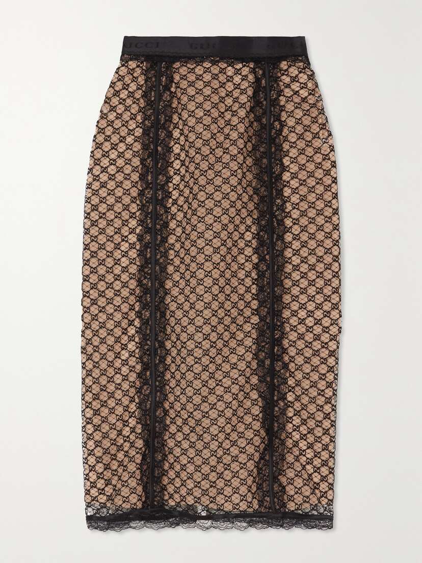 Gucci Aria Satin And Lace-trimmed Embroidered Tulle Midi Skirt