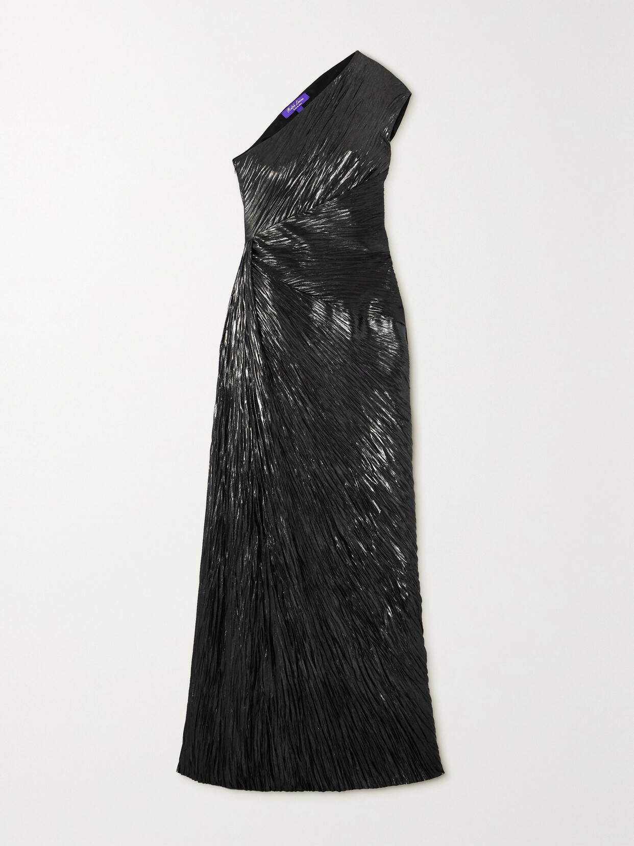 Shop Ralph Lauren Hadlea One-shoulder Pleated Metallic Silk-plissé Gown In Black