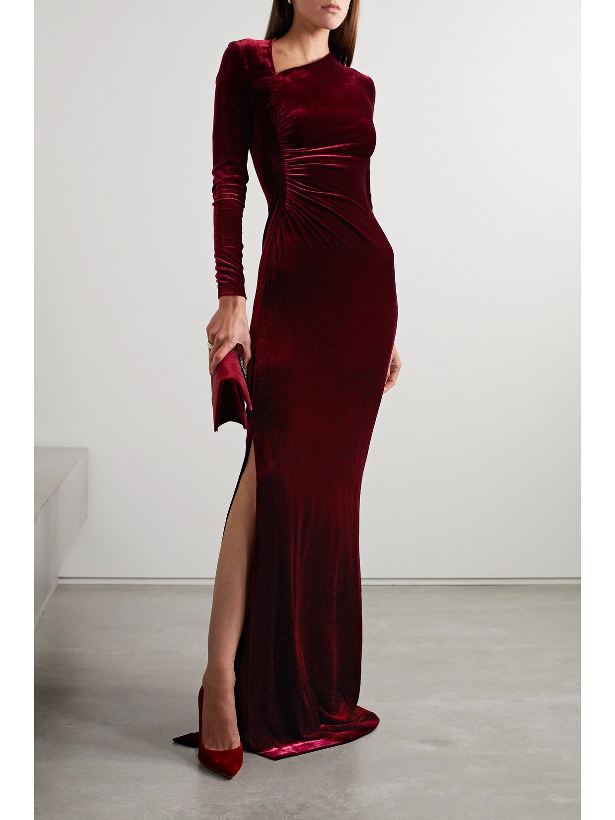 Shop Ralph Lauren Kinslee Ruched Velvet Gown In Burgundy