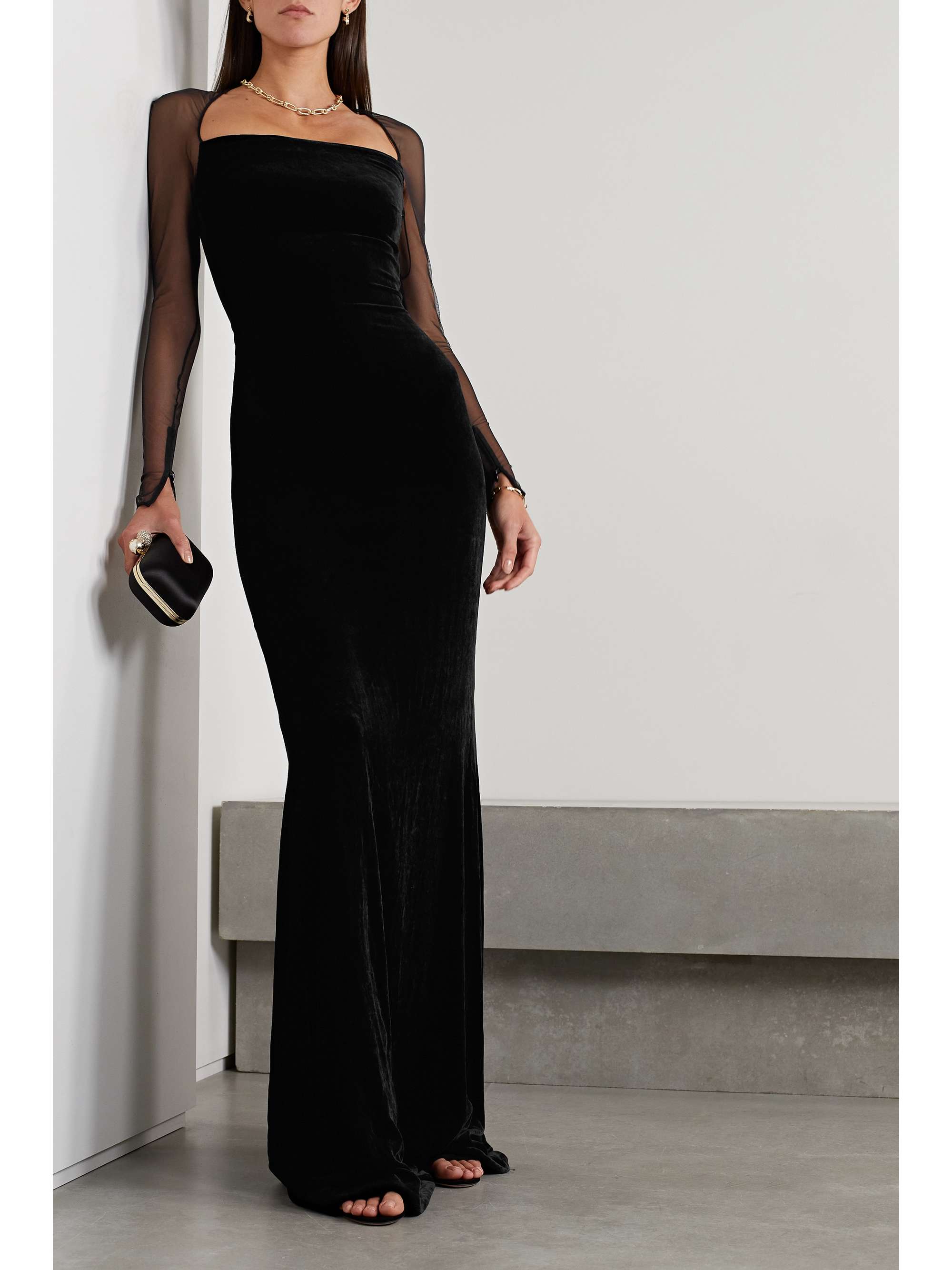 Hartwell mesh-trimmed velvet gown