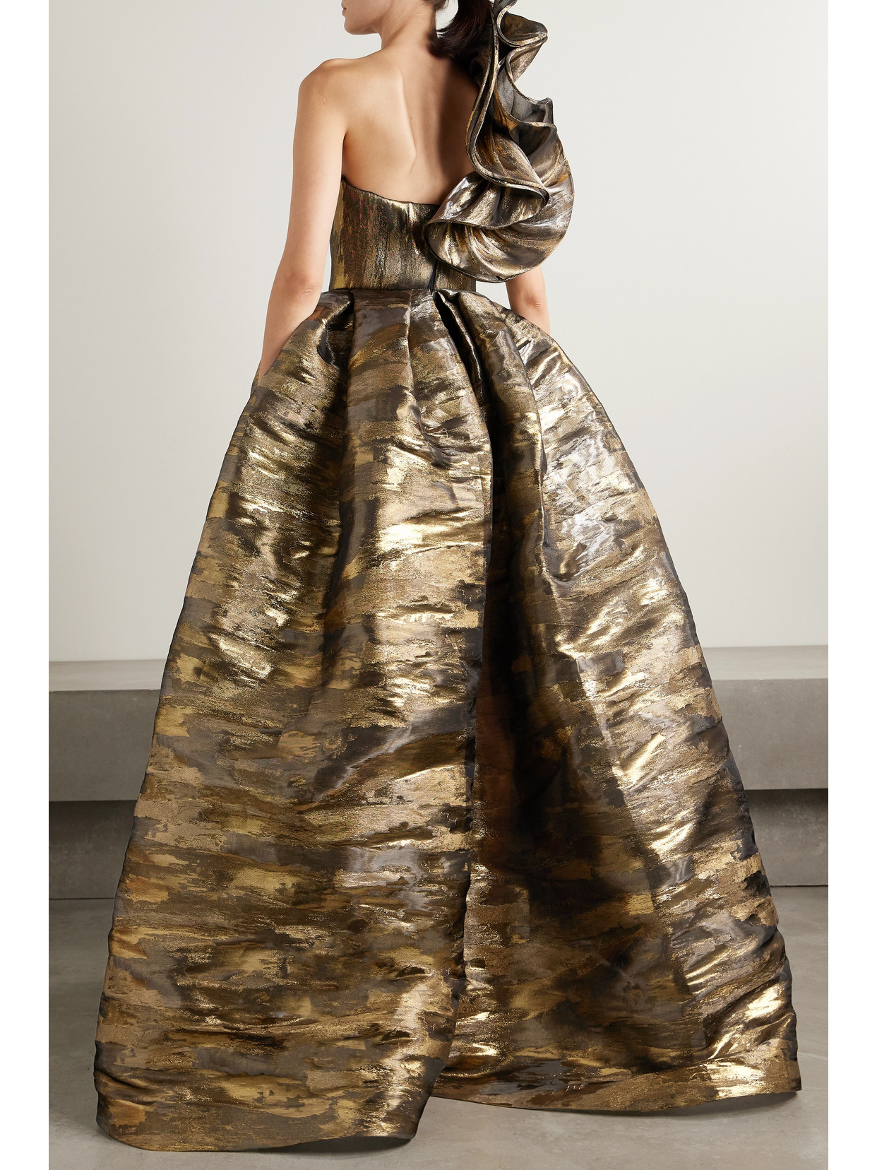 Shop Naeem Khan Strapless Pleated Ruffled Metallic Brocade Gown In Gold