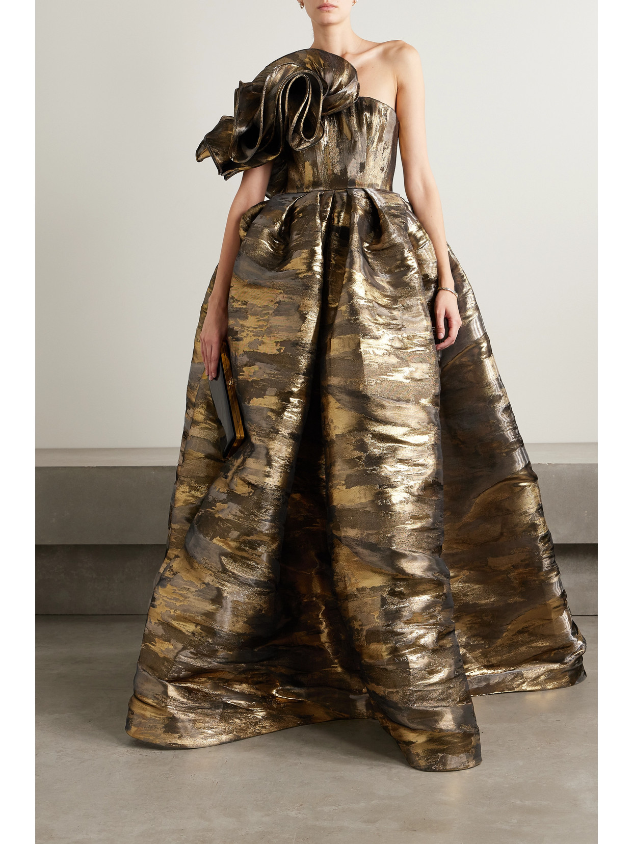 Shop Naeem Khan Strapless Pleated Ruffled Metallic Brocade Gown In Gold