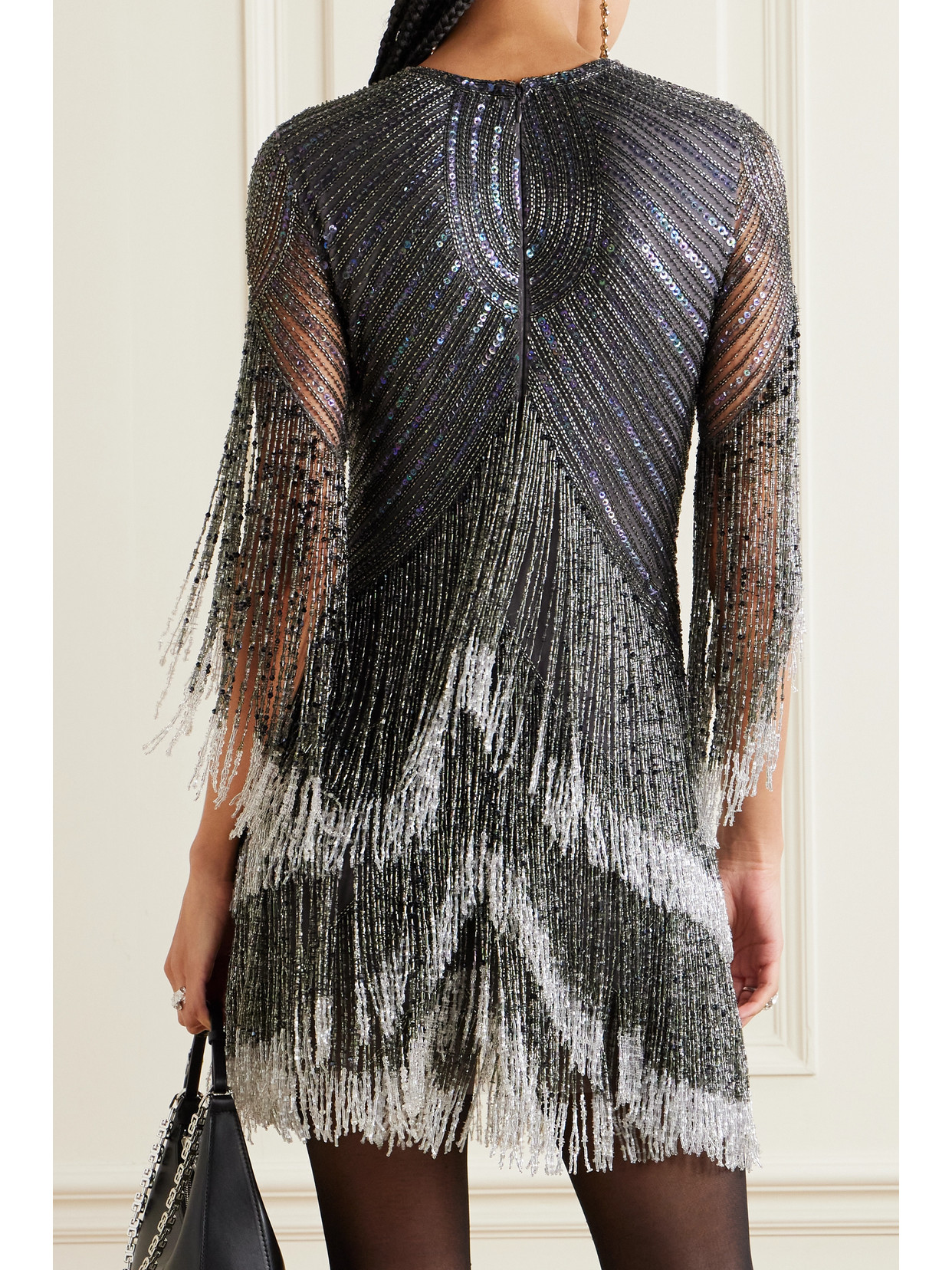 Shop Naeem Khan Fringed Embellished Tulle Mini Dress In Gray