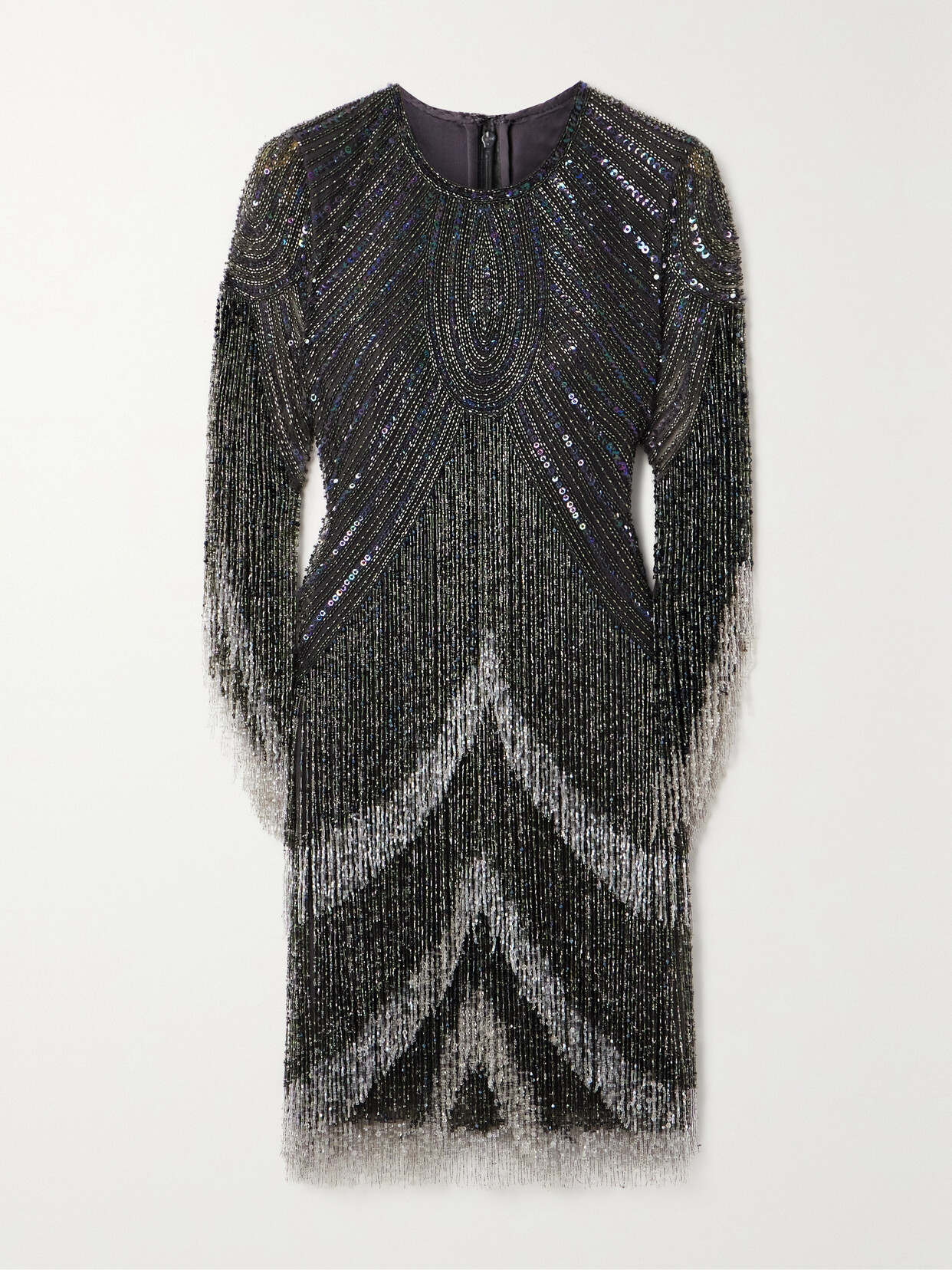 Naeem Khan Fringed Embellished Tulle Mini Dress In Gray