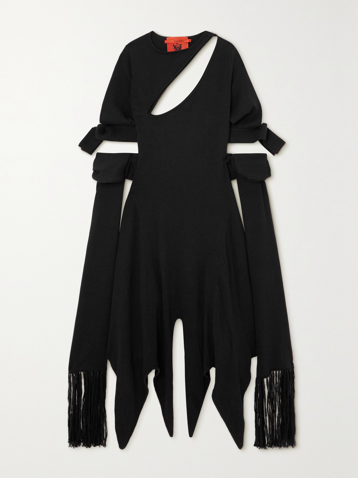 THEBE MAGUGU - Asymmetric Fringed Cutout Cotton-jersey Midi Dress - Black