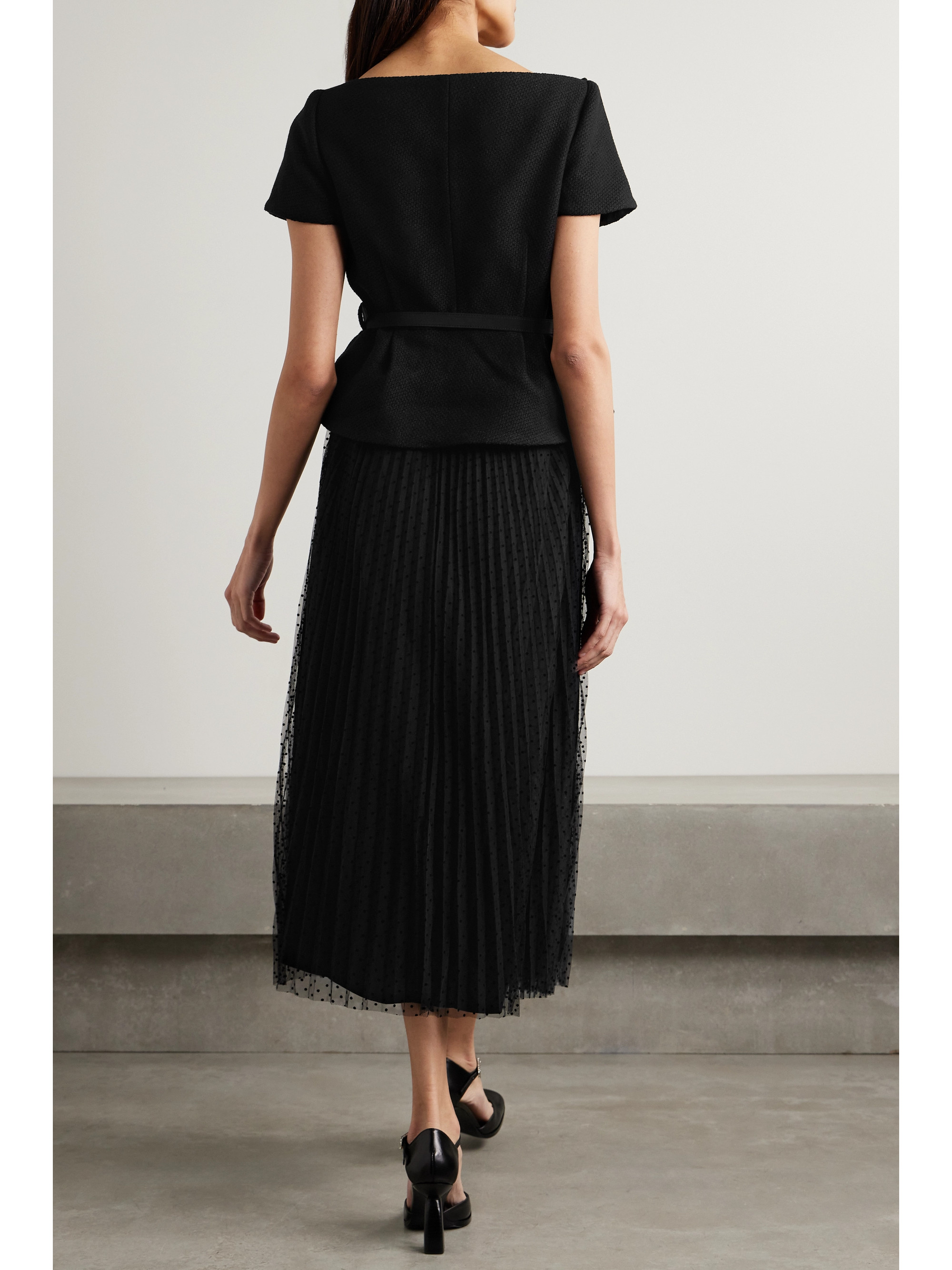 self-portrait Off-the-shoulder tweed and pleated Swiss-dot tulle midi dress thumbnail