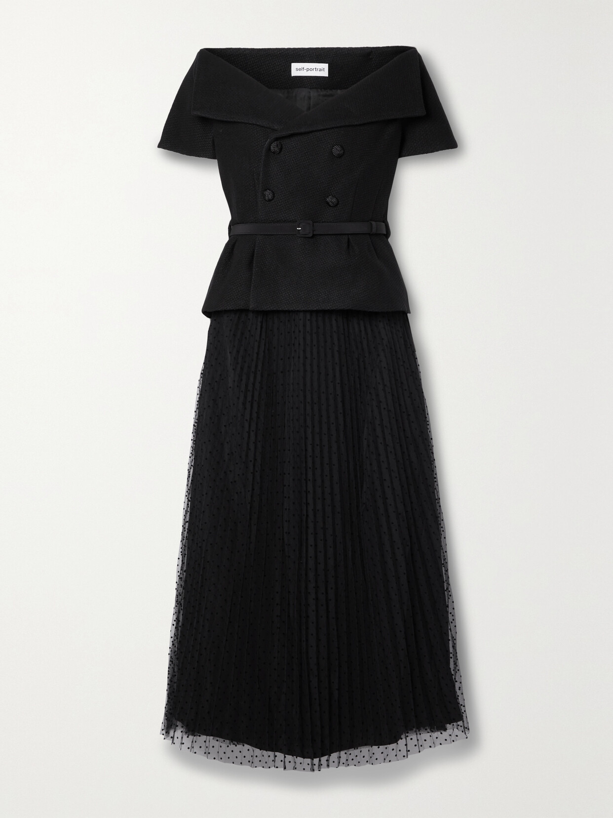 Self-Portrait Off-the-shoulder Tweed And Pleated Swiss-dot Tulle Midi Dress - Black