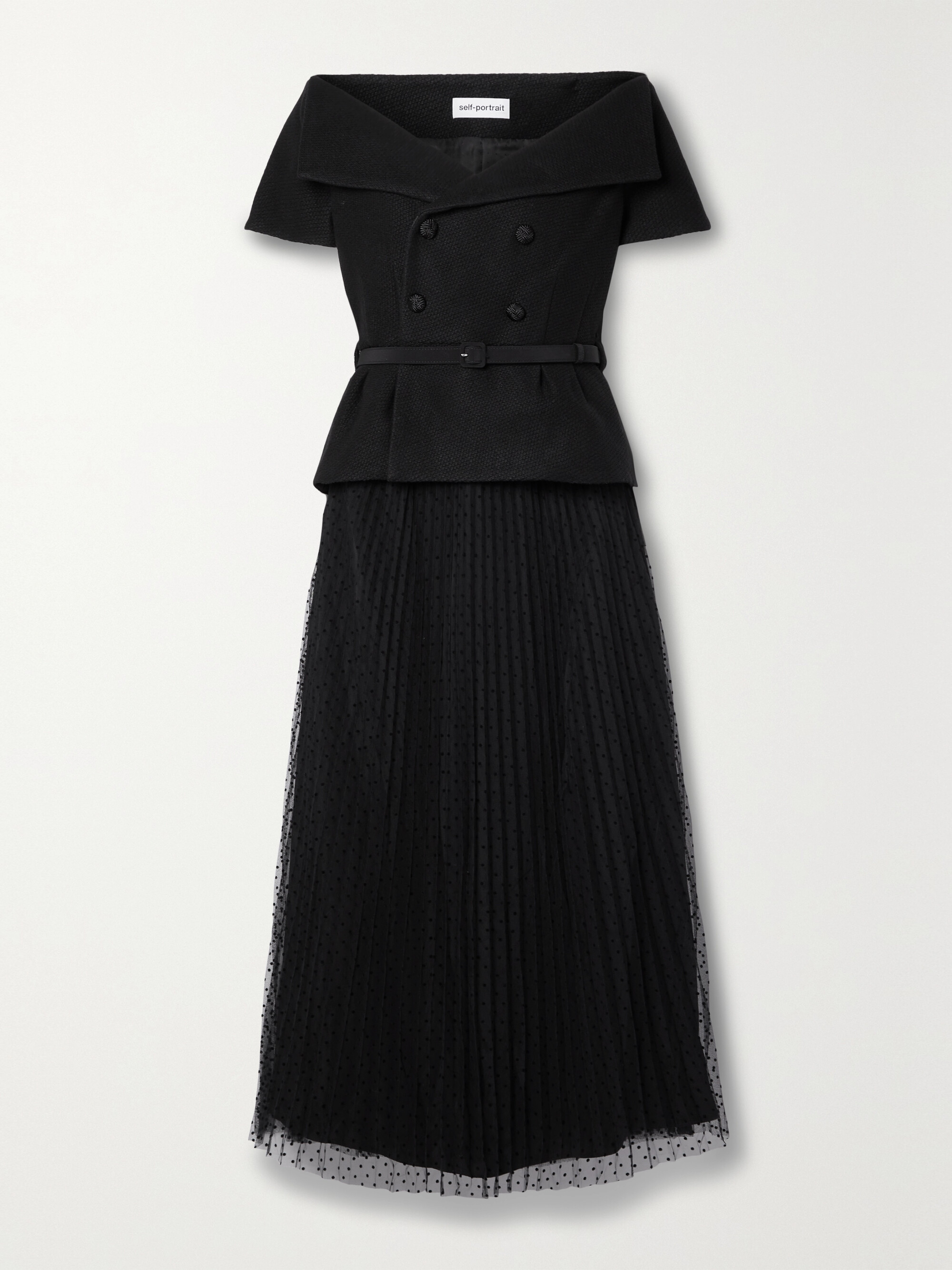self-portrait Off-the-shoulder tweed and pleated Swiss-dot tulle midi dress thumbnail