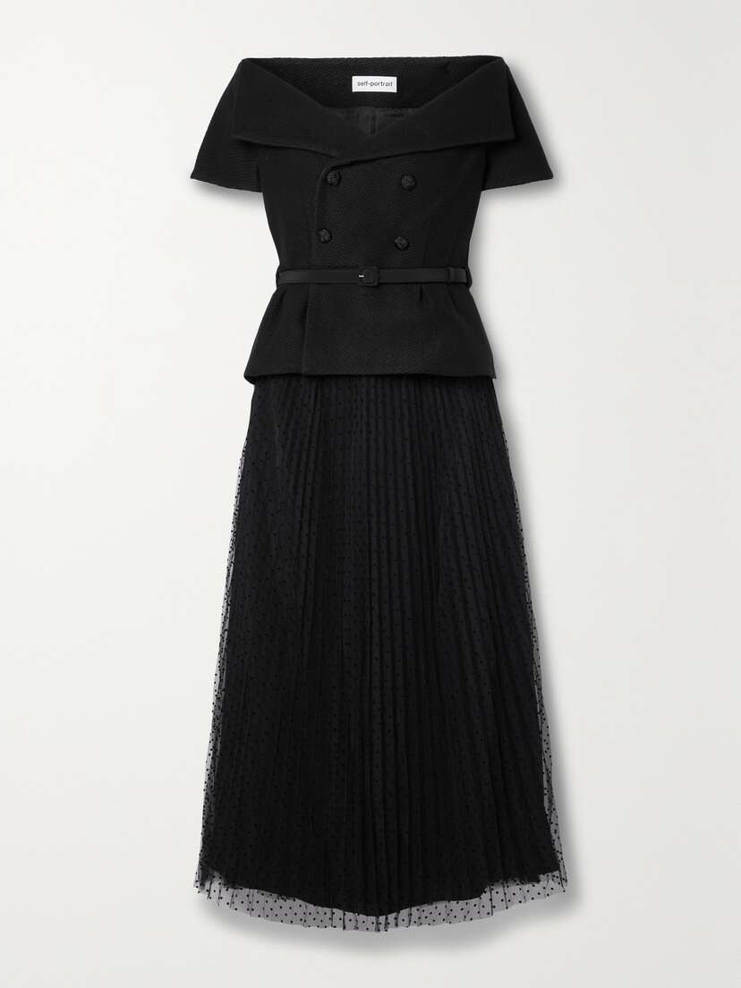 Self-Portrait Off-the-shoulder Tweed And Pleated Swiss-dot Tulle Midi Dress - UK 16