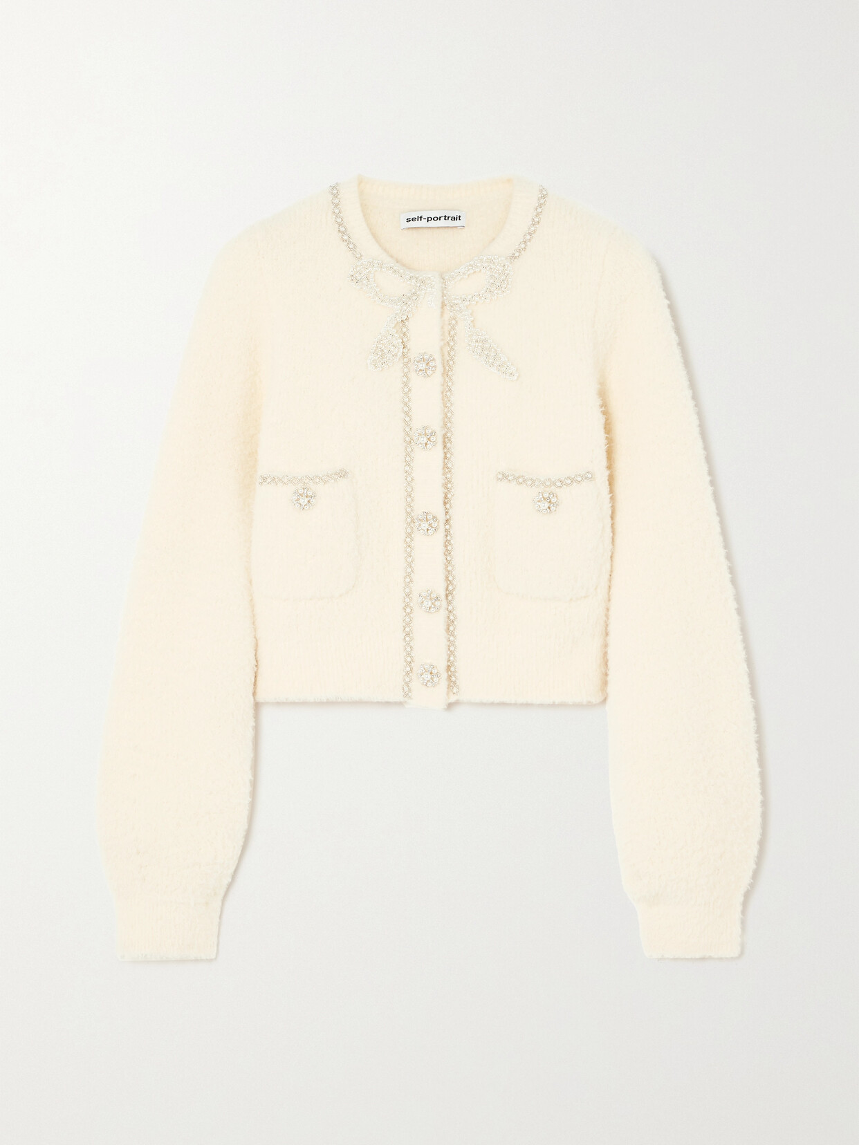 Self-Portrait Cropped Embellished Bouclé-knit Cardigan - Cream