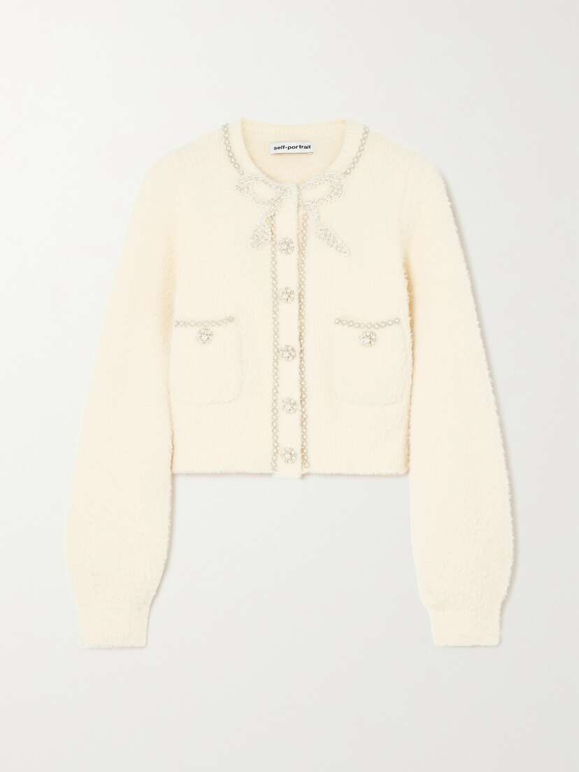 Self-Portrait Cropped Embellished Bouclé-knit Cardigan - x large