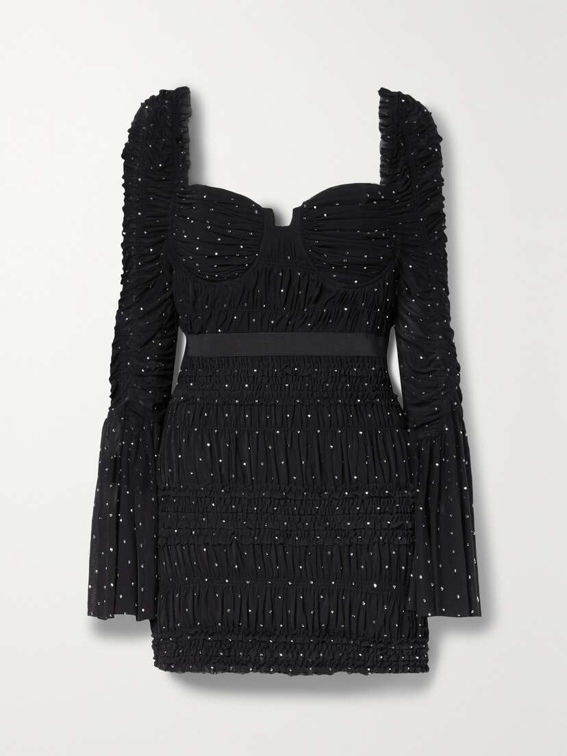 Self-Portrait Ruched Crystal-embellished Stretch-mesh Mini Dress - UK 16