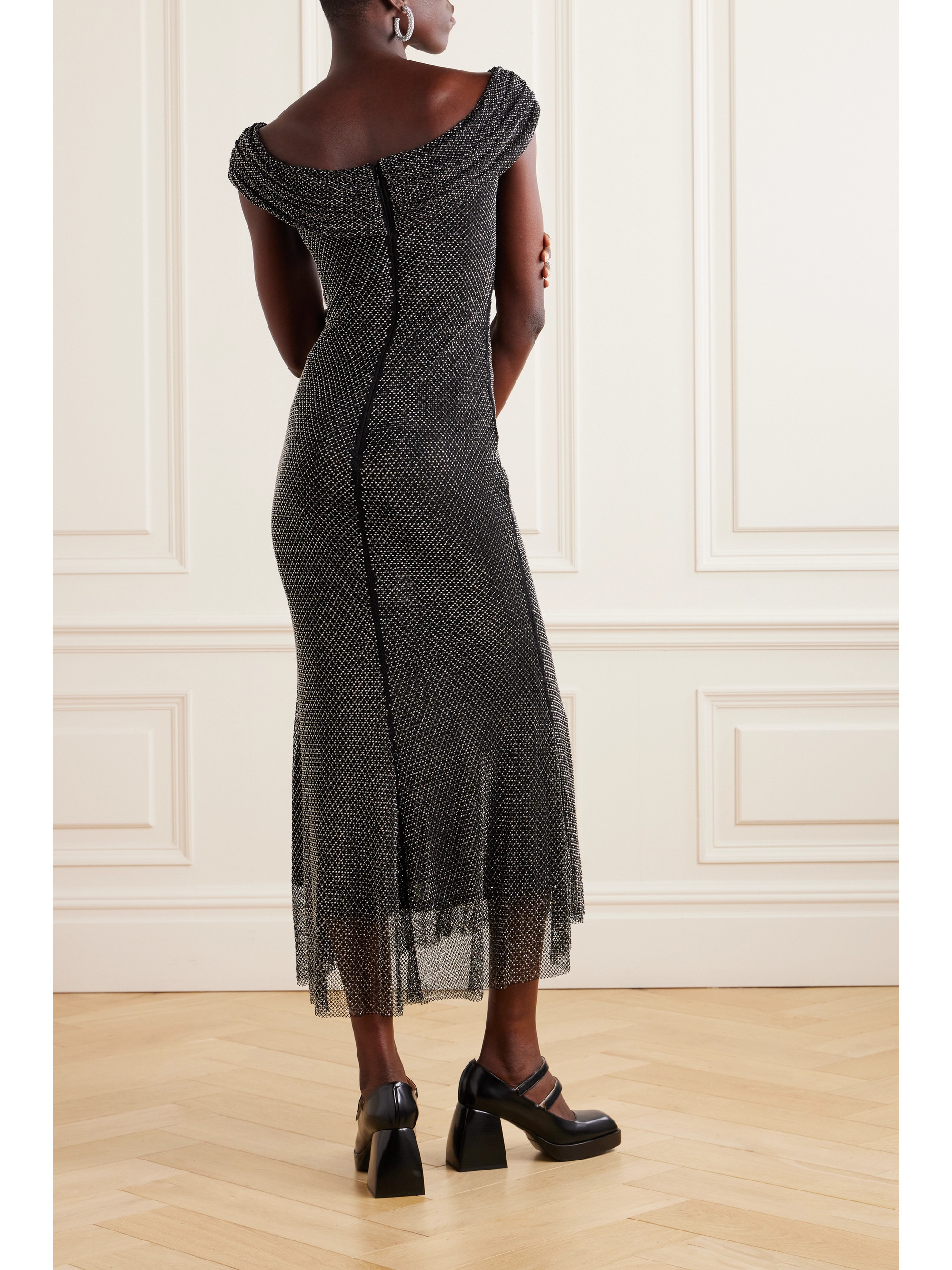 self-portrait Off-the-shoulder crystal-embellished fishnet midi dress