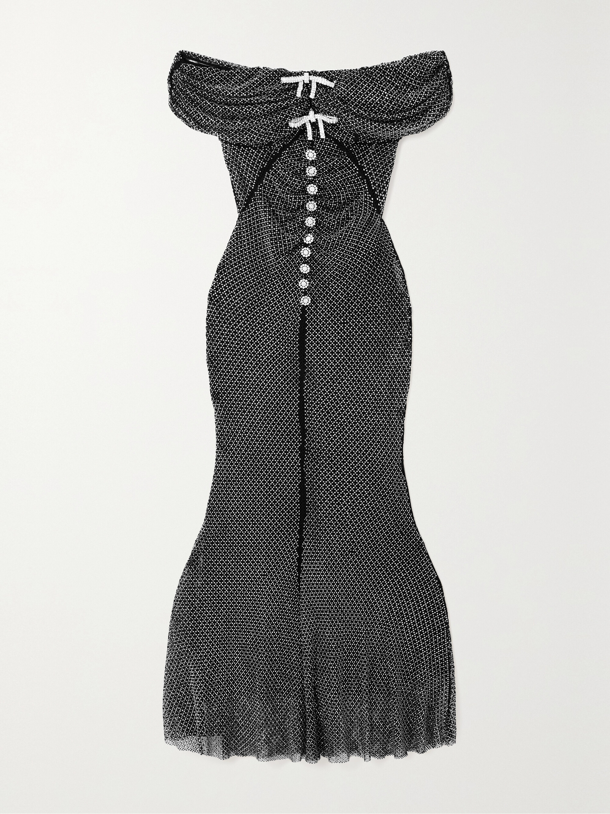 self-portrait Off-the-shoulder crystal-embellished fishnet midi dress