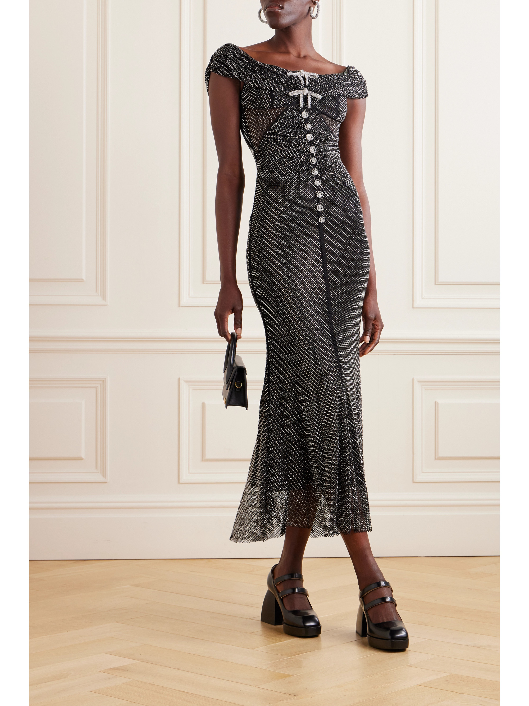self-portrait Off-the-shoulder crystal-embellished fishnet midi dress
