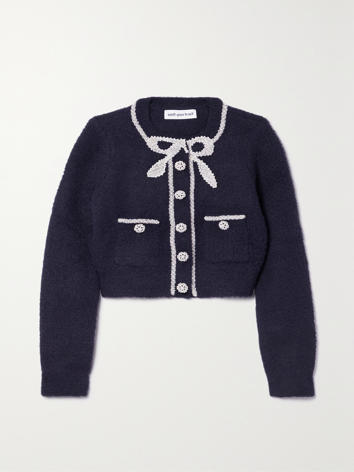 Self-Portrait - Cropped Embellished Fleece Cardigan - Blue