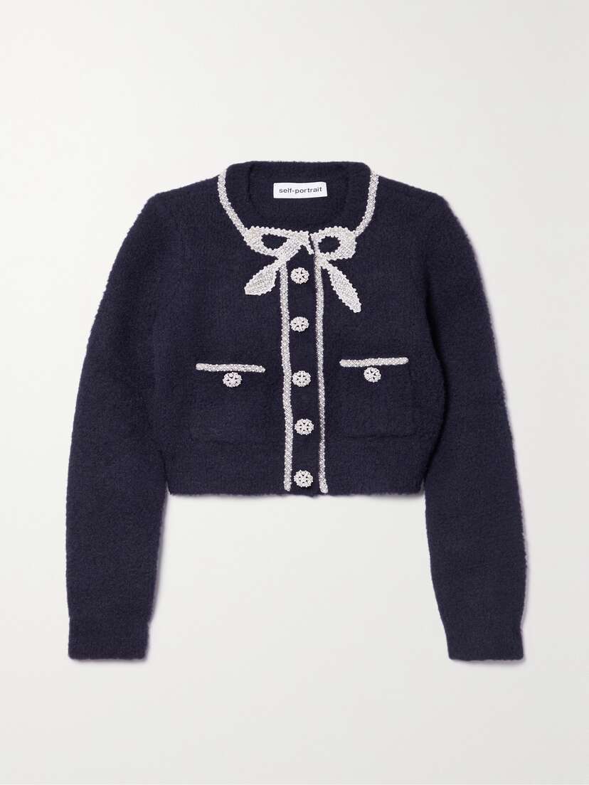 Self-Portrait Cropped Embellished Fleece Cardigan