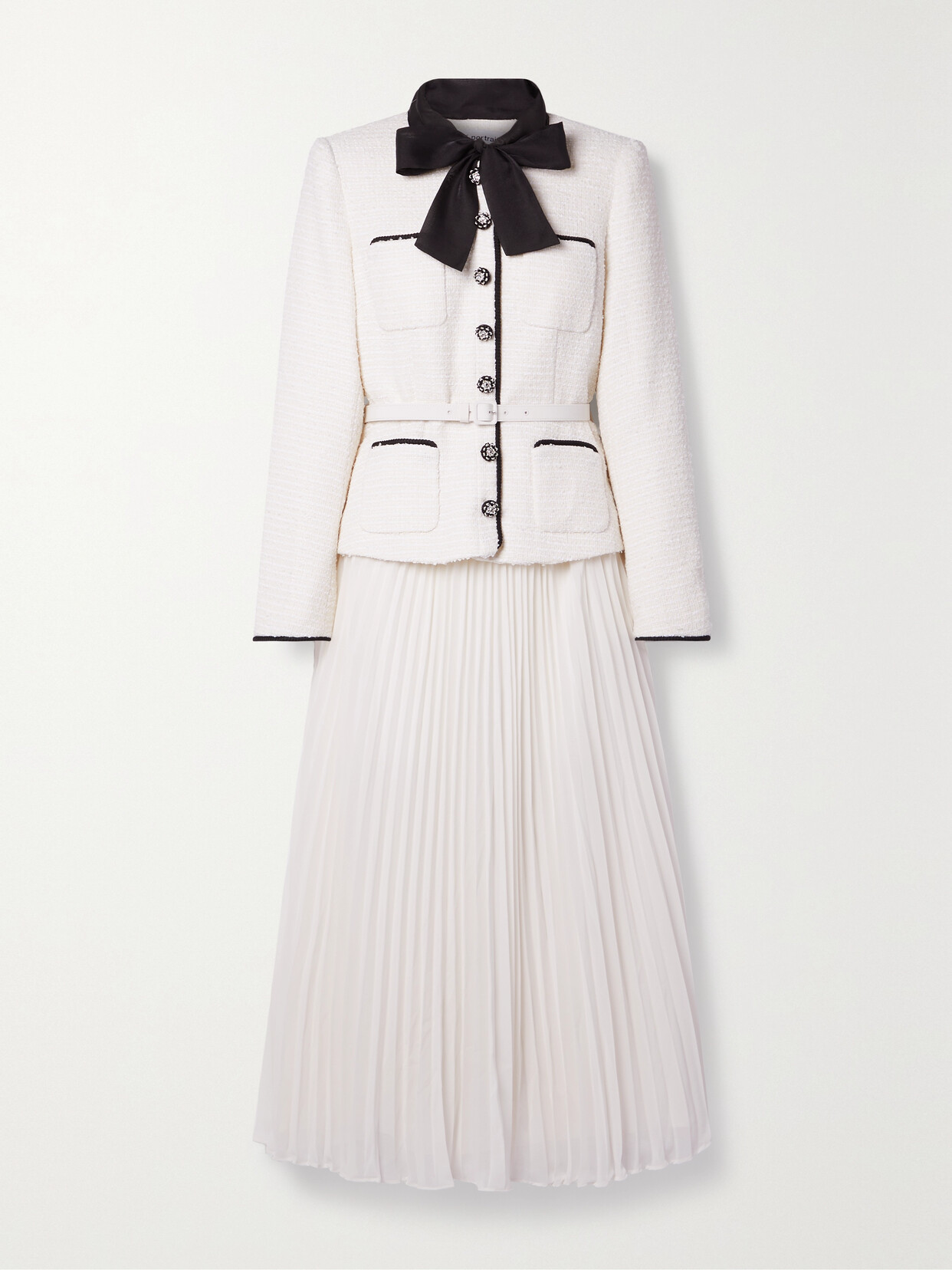 Self-portrait Belted Crystal-embellished Bouclé And Pleated Crepe Midi Dress In Cream