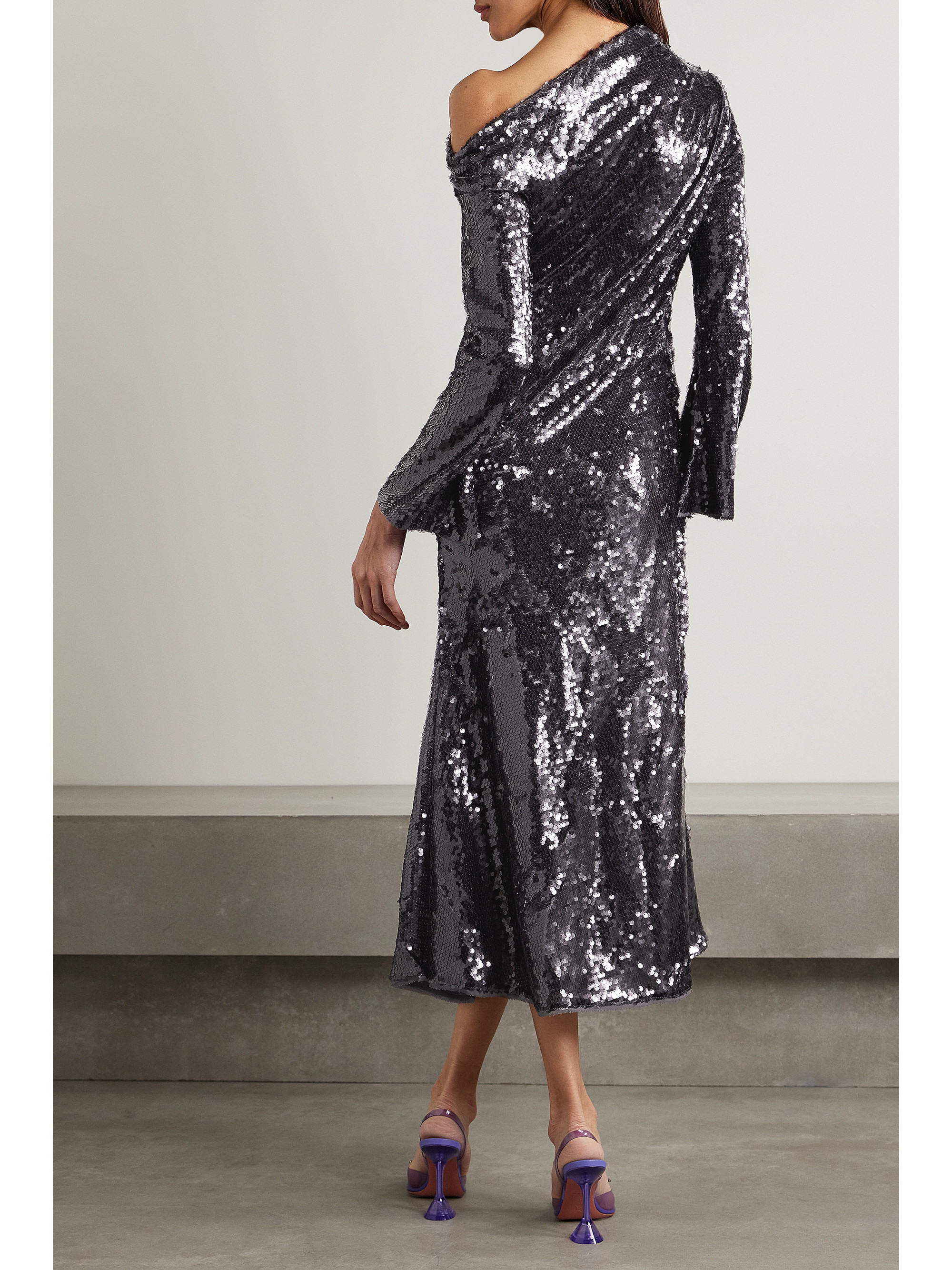 self-portrait Asymmetric sequined mesh midi dress thumbnail
