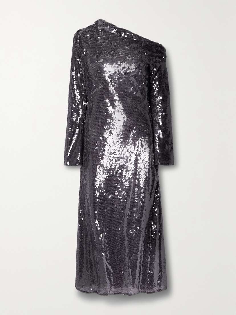 Self-Portrait Asymmetric Sequined Mesh Midi Dress