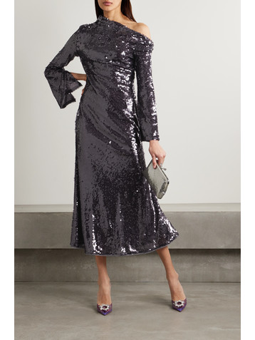 self-portrait Asymmetric sequined mesh midi dress