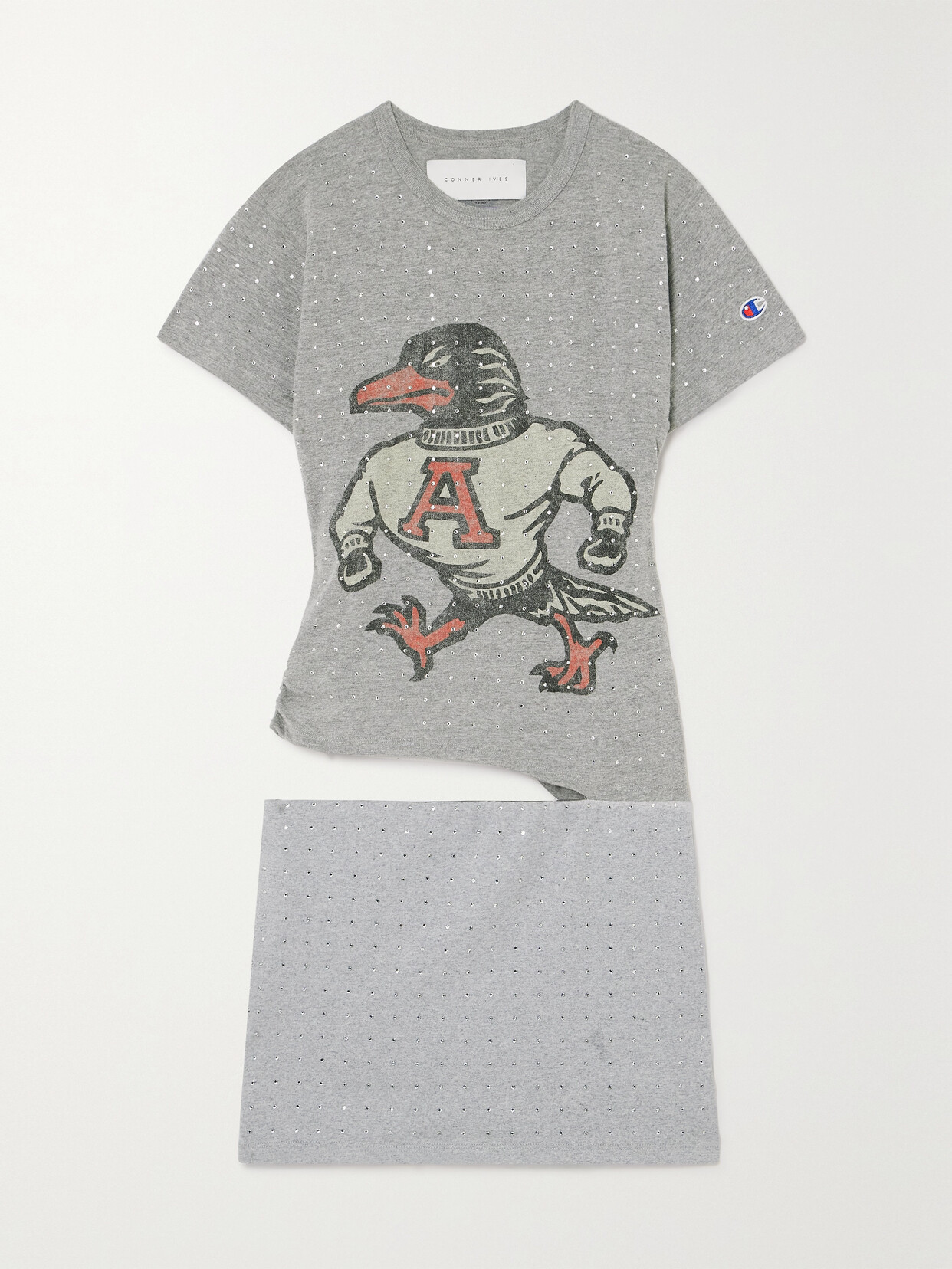 Conner Ives - Crystal-embellished Cutout Printed Cotton-jersey Mini Dress - Gray