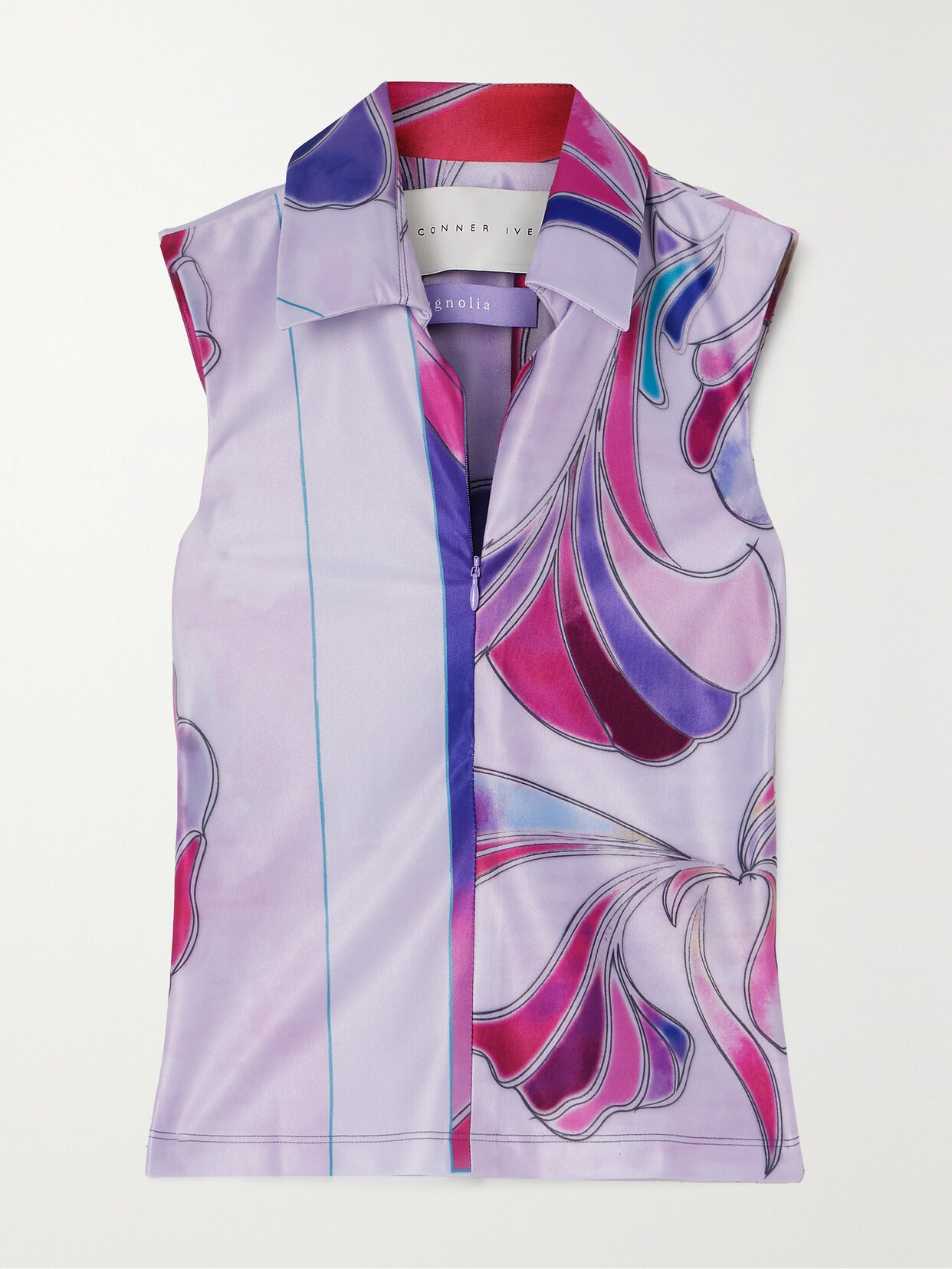 Shop Conner Ives Printed Stretch Recycled-satin Top In Purple